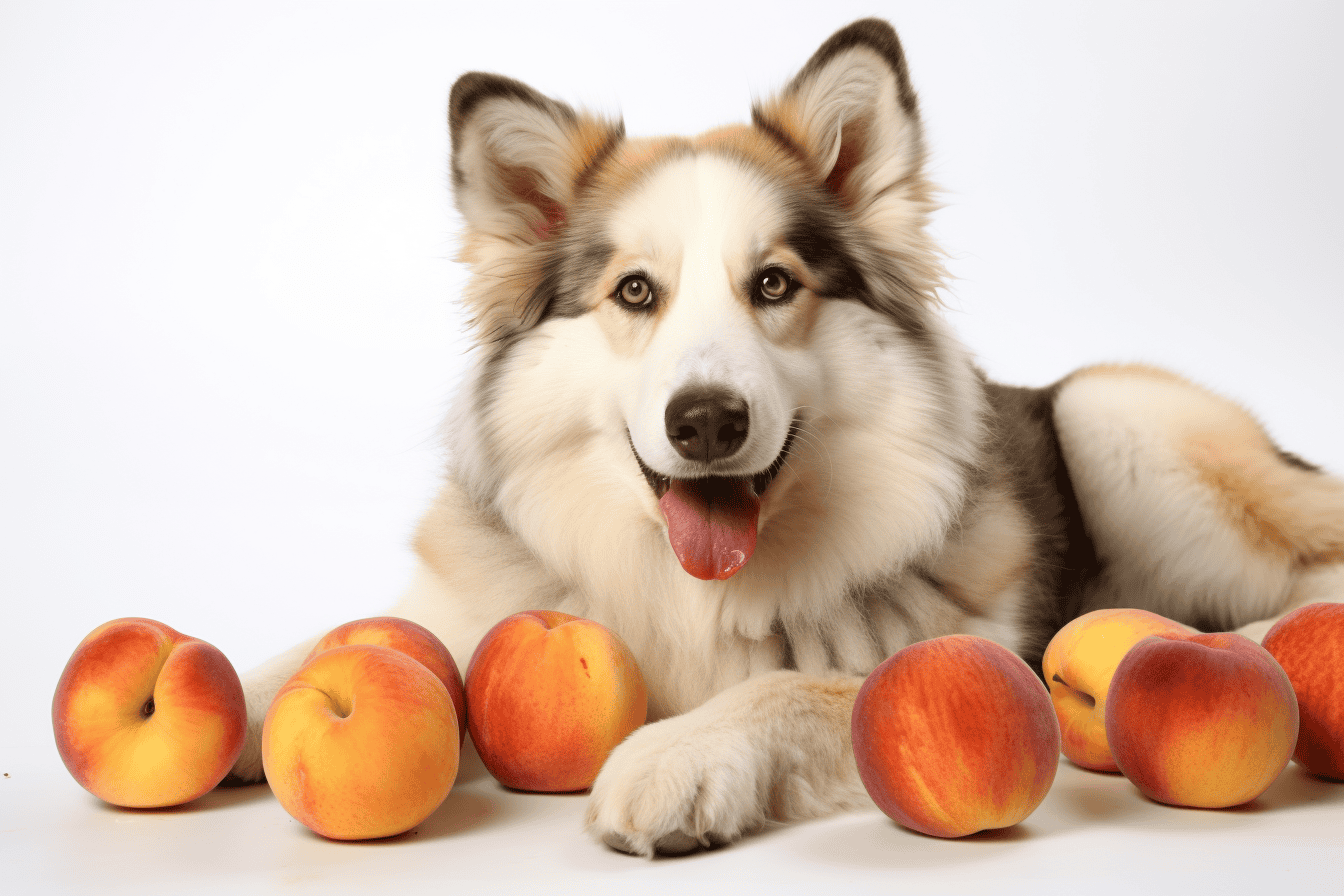 Dog lying with apples, smiling, fluffy coat, healthy, happy dog, pet care, wholesome, canine health, pet nutrition.