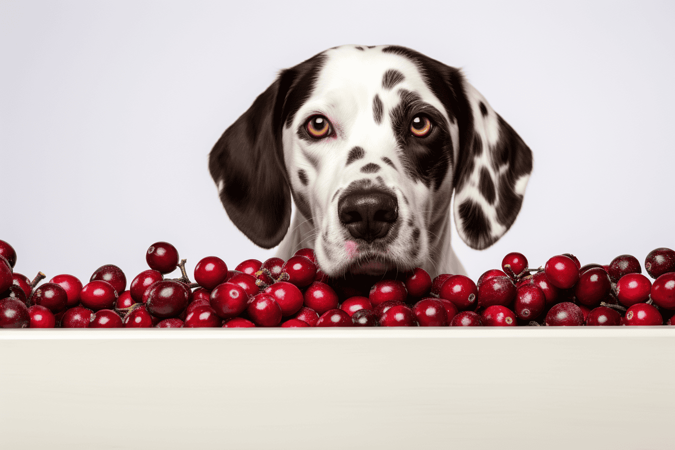 Cute Dalmatian dog with black and white spots surrounded by fresh red berries.