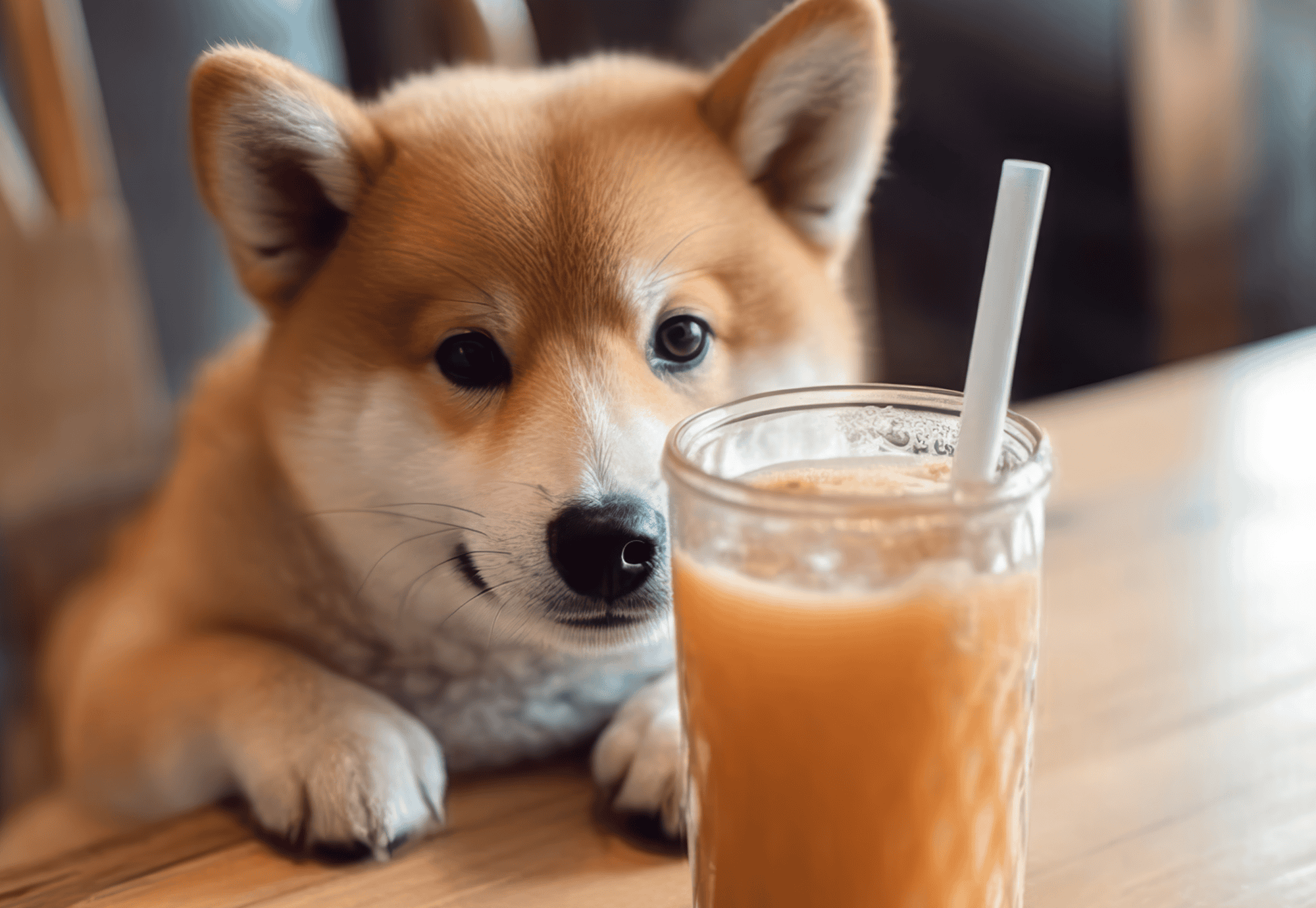 Cute puppy with a glass of orange juice, sitting at a table.