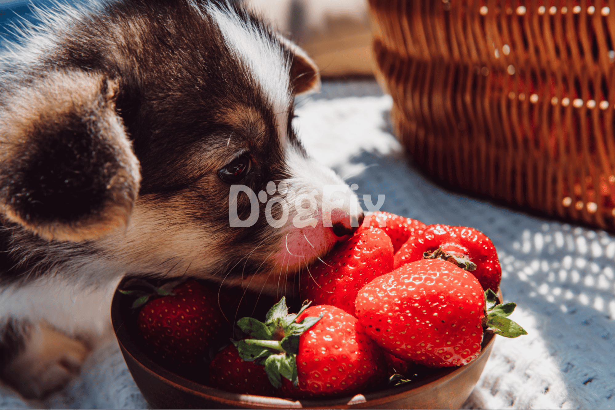 Close-up of adorable puppy snacking on strawberries, highlighting dog nutrition and care.