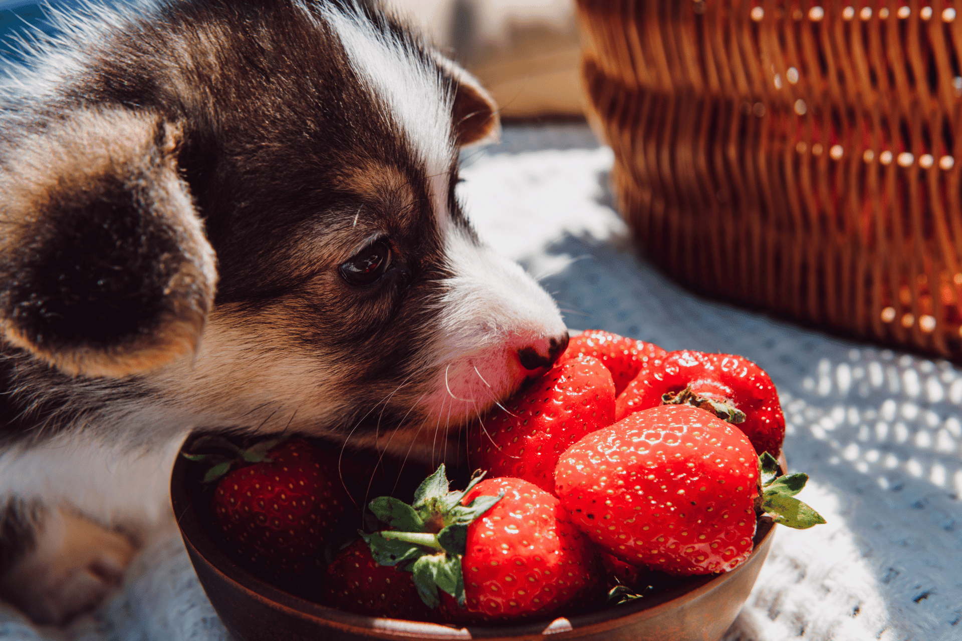 Cute puppy sniffing ripe strawberries from a bowl for healthy snacks.