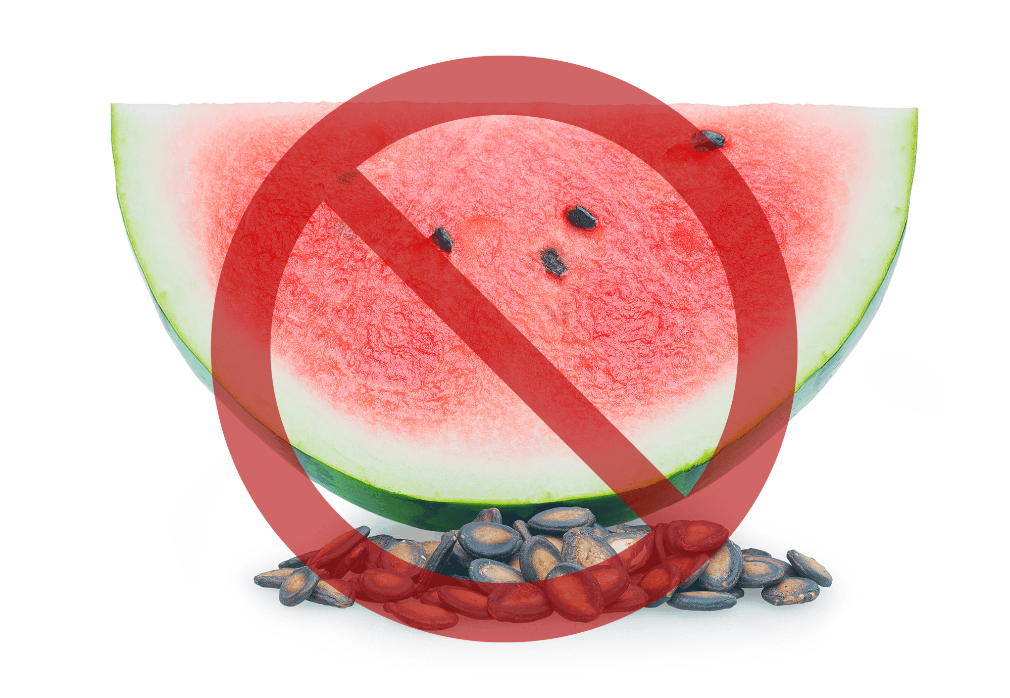 Image of a fresh watermelon slice with seeds and a red prohibition crossing over it, indicating no watermelons.