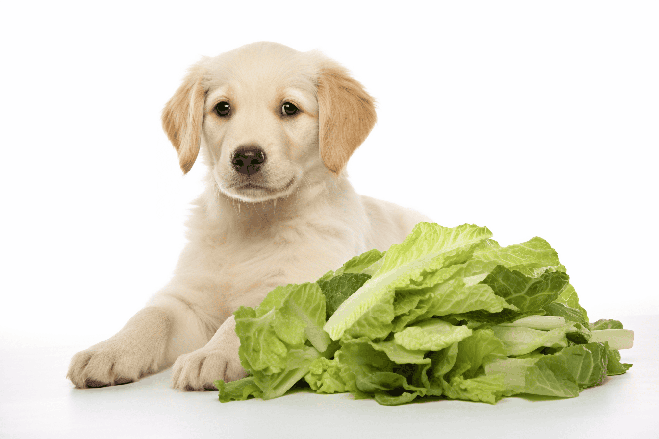 Adorable puppy next to fresh, green lettuce for healthy pet diet.
