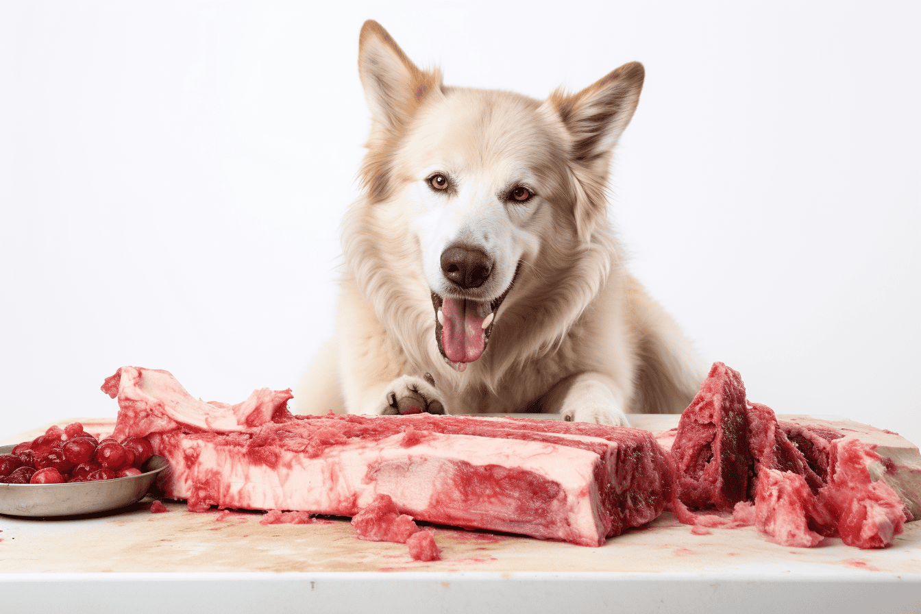 Dog enjoying raw steak with bones and cherries, highlighting pet meat nutrition.