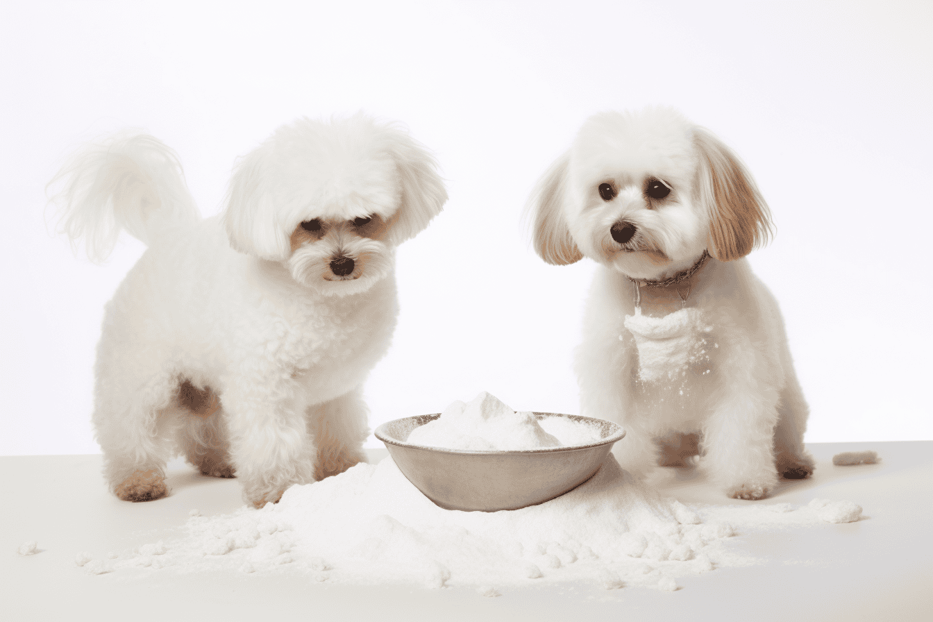 Adorable small dogs playing in flour for pet grooming or baking fun, showcasing cute grooming styles and playful moments.