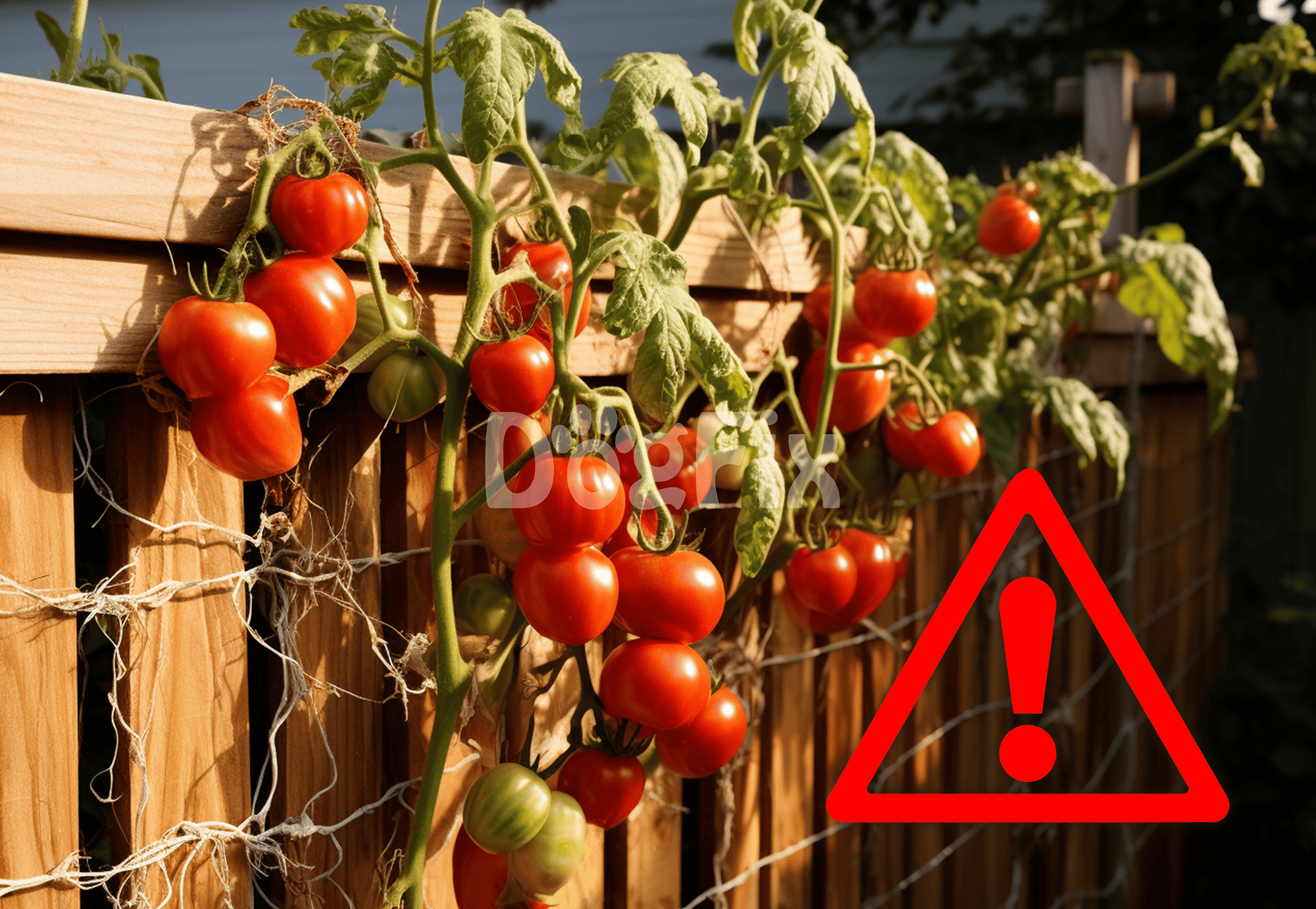 Close-up of a tomato plant growing near a wooden fence, with a red warning triangle indicating potential danger.
