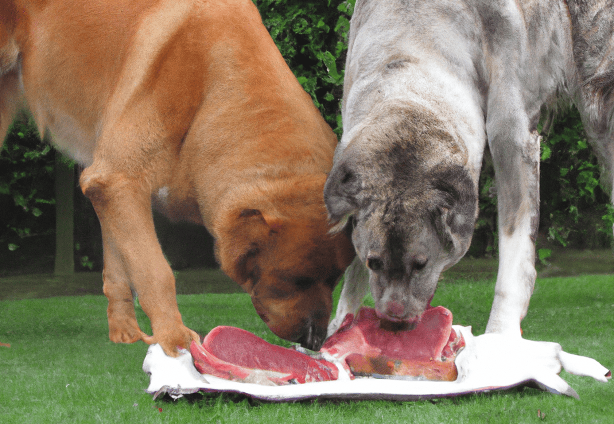 Dogs eating raw meat outdoors, healthy dog food, dog nutrition, outdoor pet feeding.
