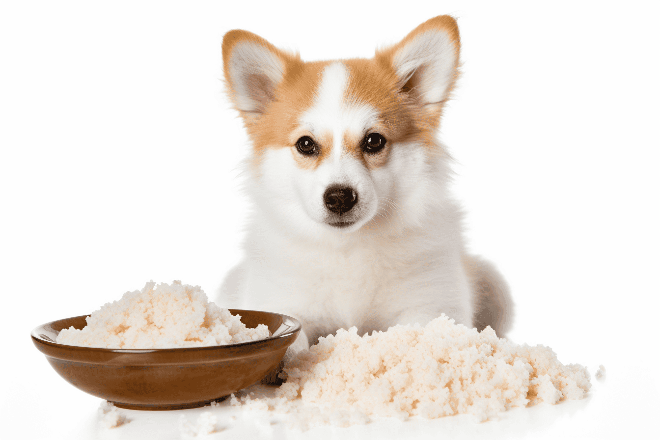 Cute puppy with a bowl of rice on a white background.