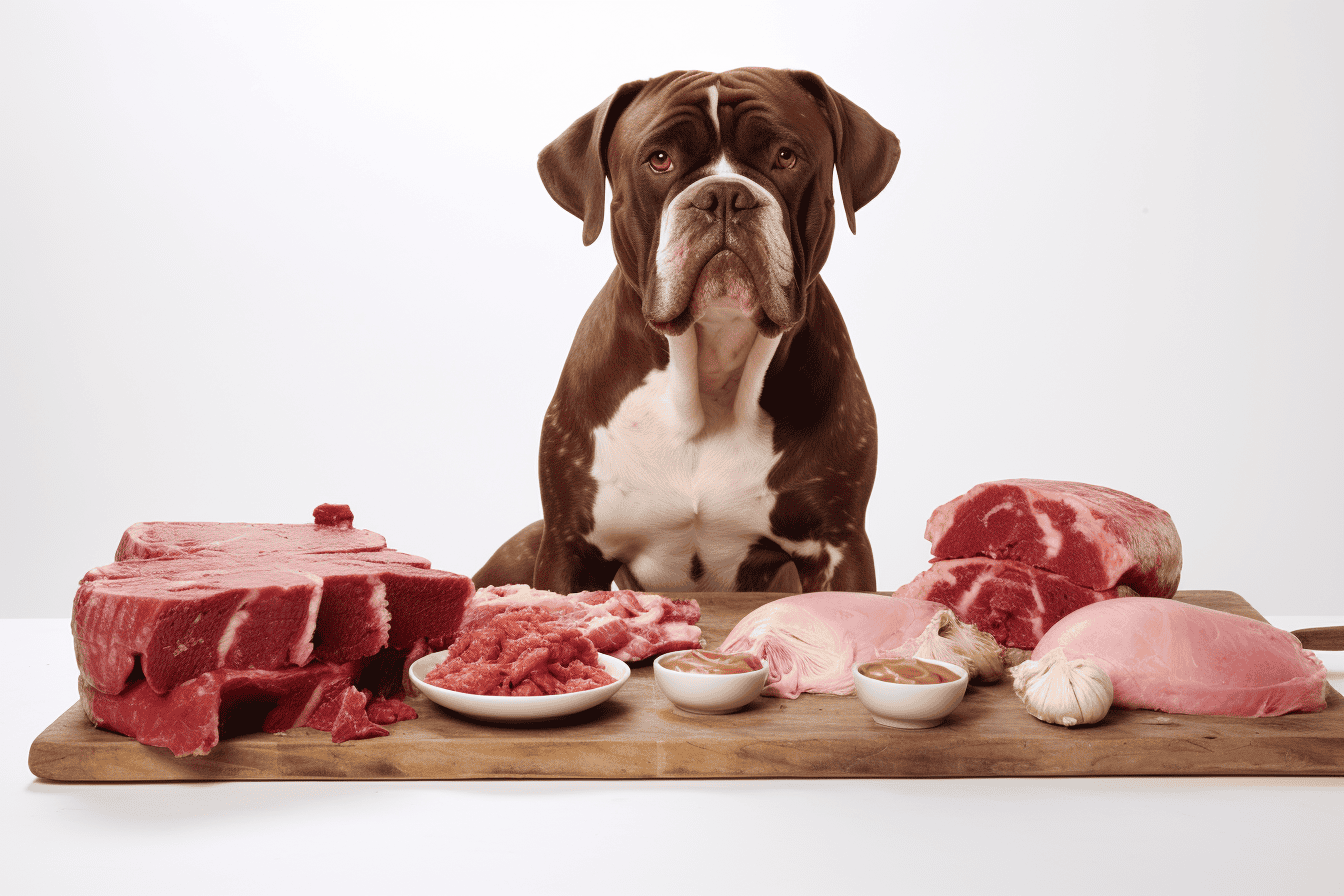 Dog sitting behind raw meat cuts.