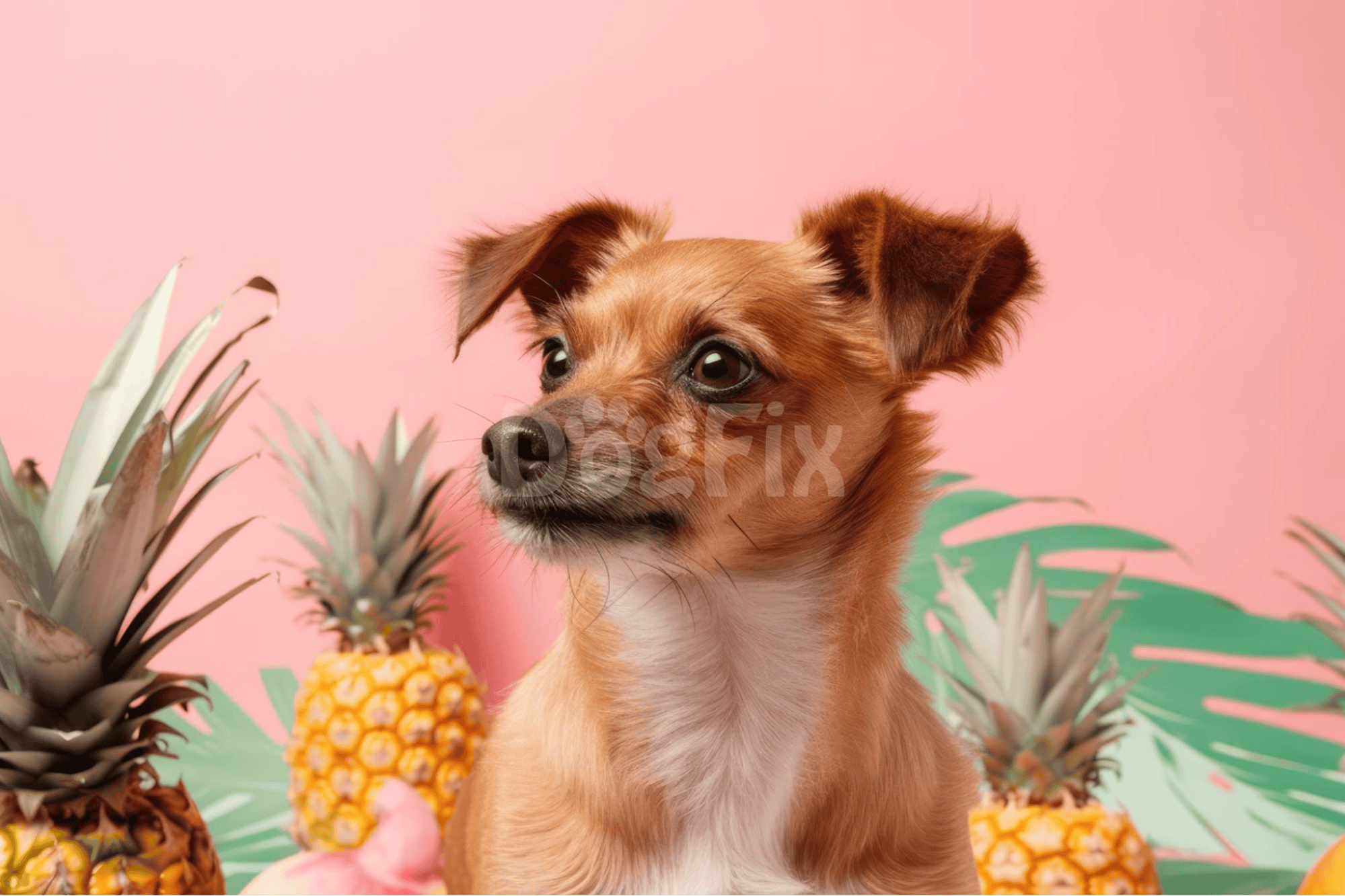 Adorable dog surrounded by pineapples and tropical leaves on pink background for pet grooming and dog care tips.