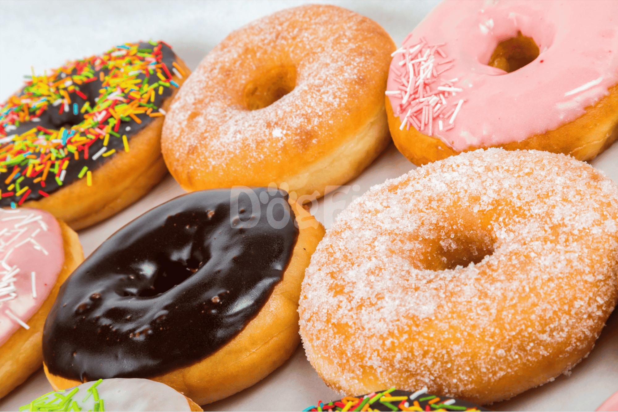 Colorful assorted donuts with sprinkles, icing, and powdered sugar, perfect for sweet snack cravings.