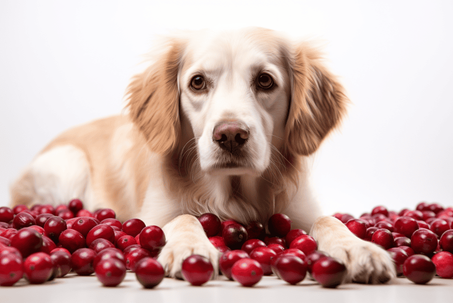 Adorable dog lying on cranberries.