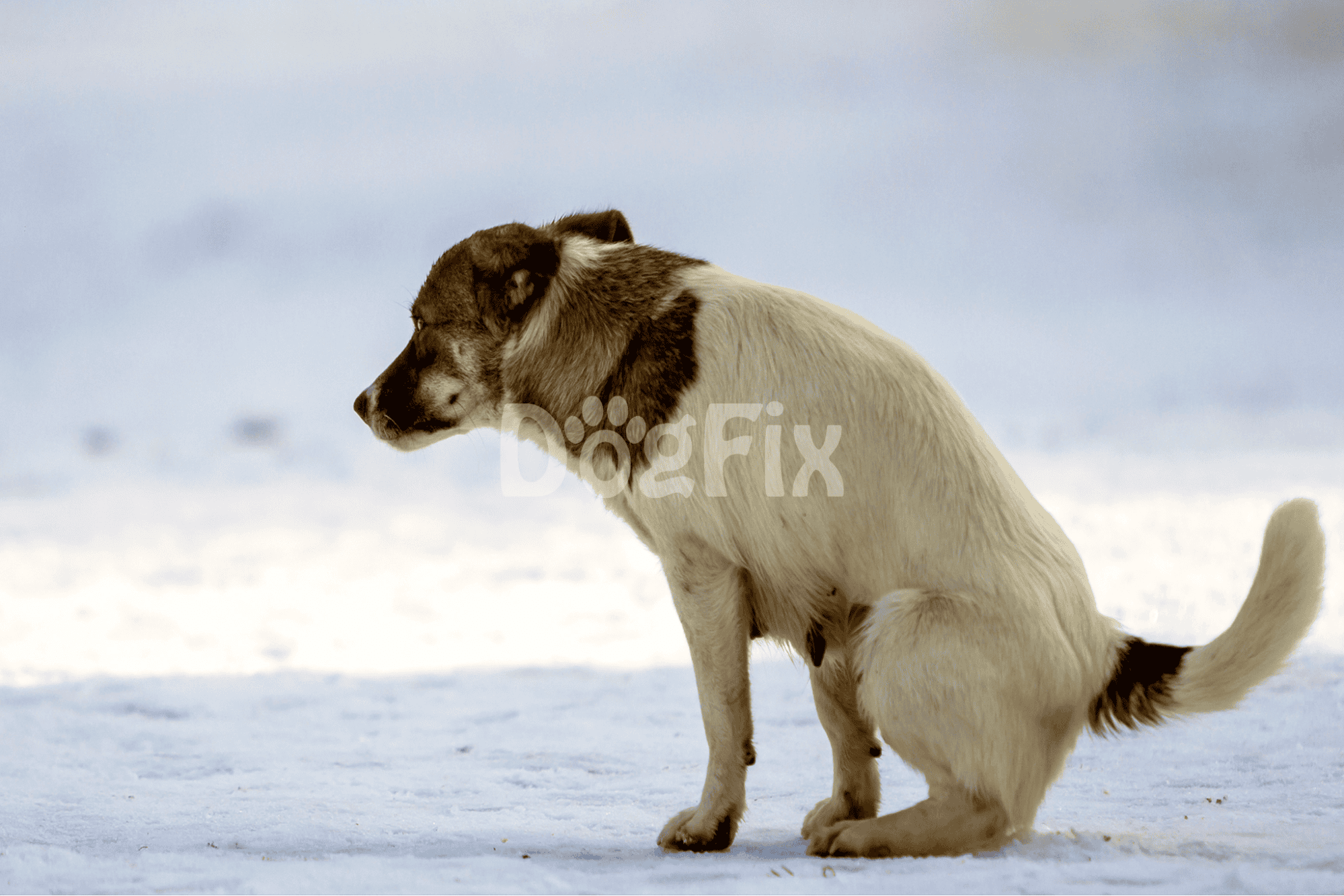 Adorable dog sitting in snowy landscape, showcasing winter pet care and outdoor dog activities.