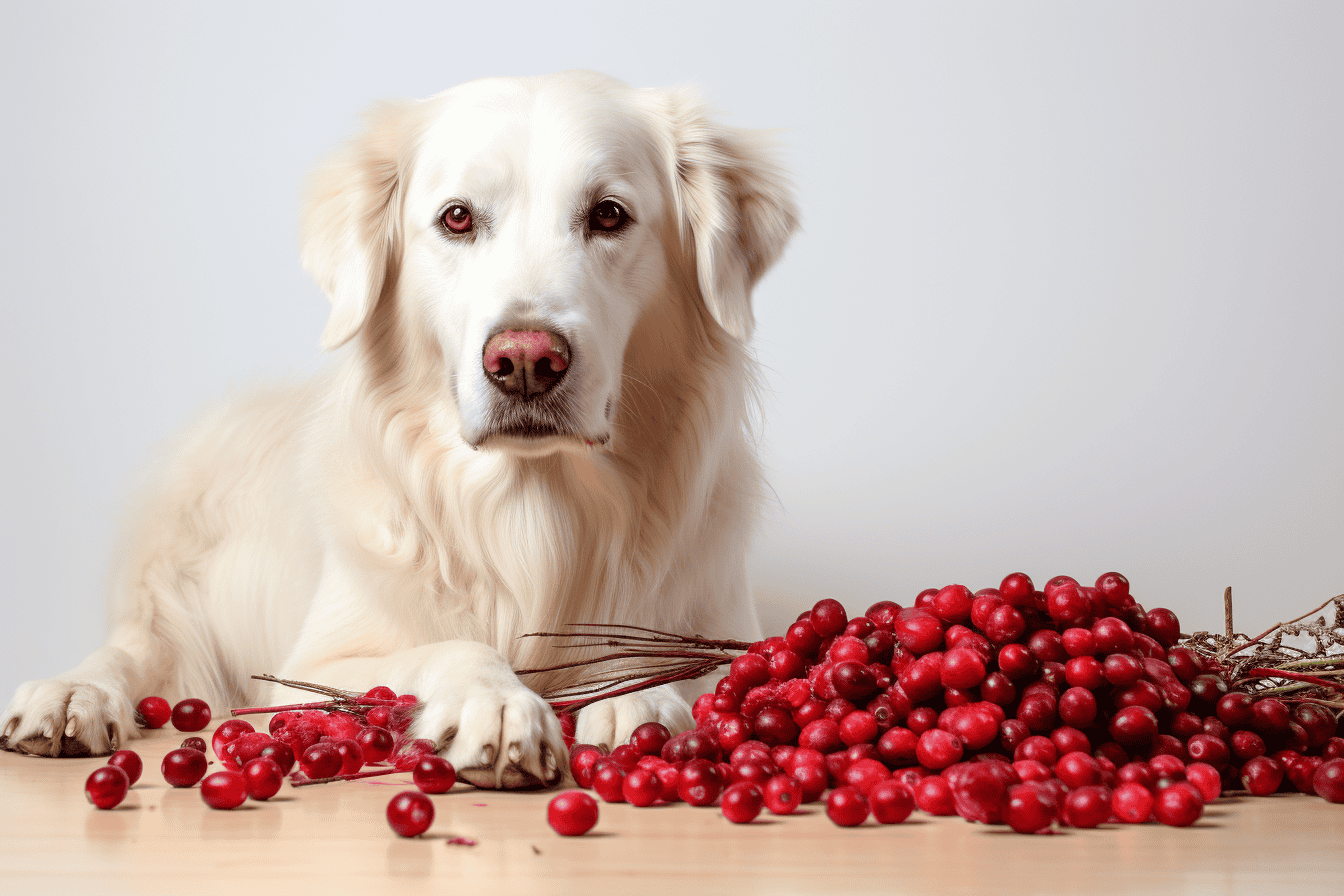 Adorable golden retriever lying with a bunch of fresh red berries on a wooden surface.