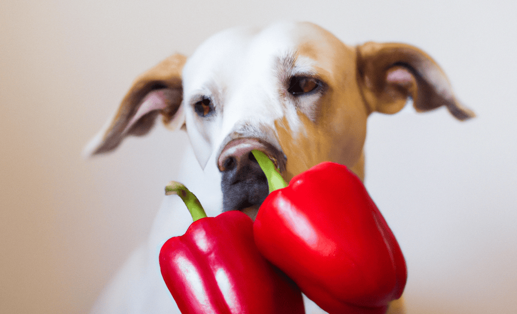 Dog holding two bright red bell peppers in its mouth for healthy eating.