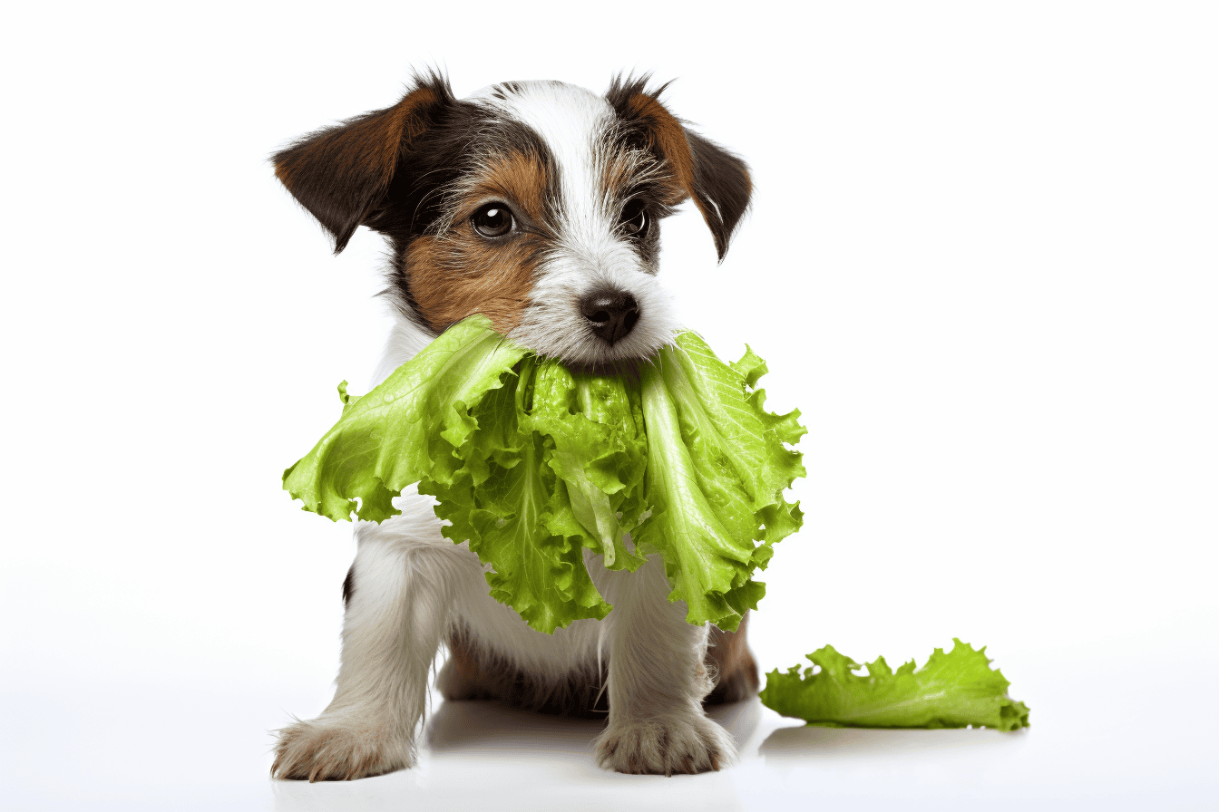 Adorable puppy holding green lettuce in mouth, playful pet dog, healthy and cute, perfect for pet care and nutrition topics.
