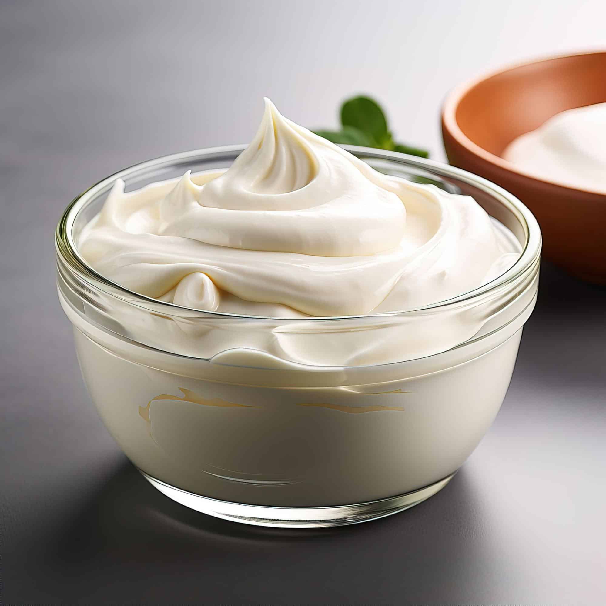 Close-up of creamy cheese spread with smooth texture and swirled appearance.
