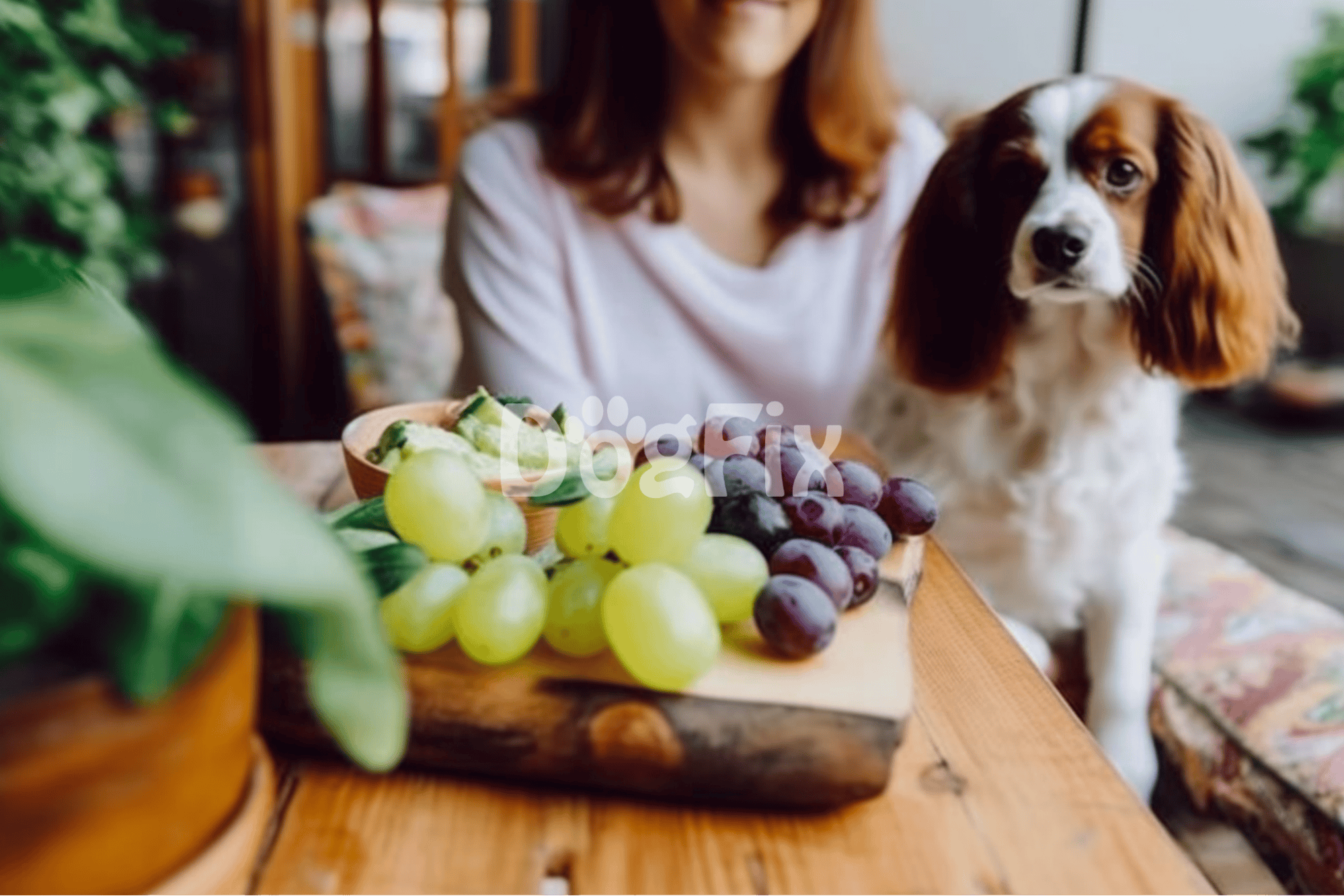 Dog with grapes on a wooden table, healthy dog food, pet nutrition, and home pet care.