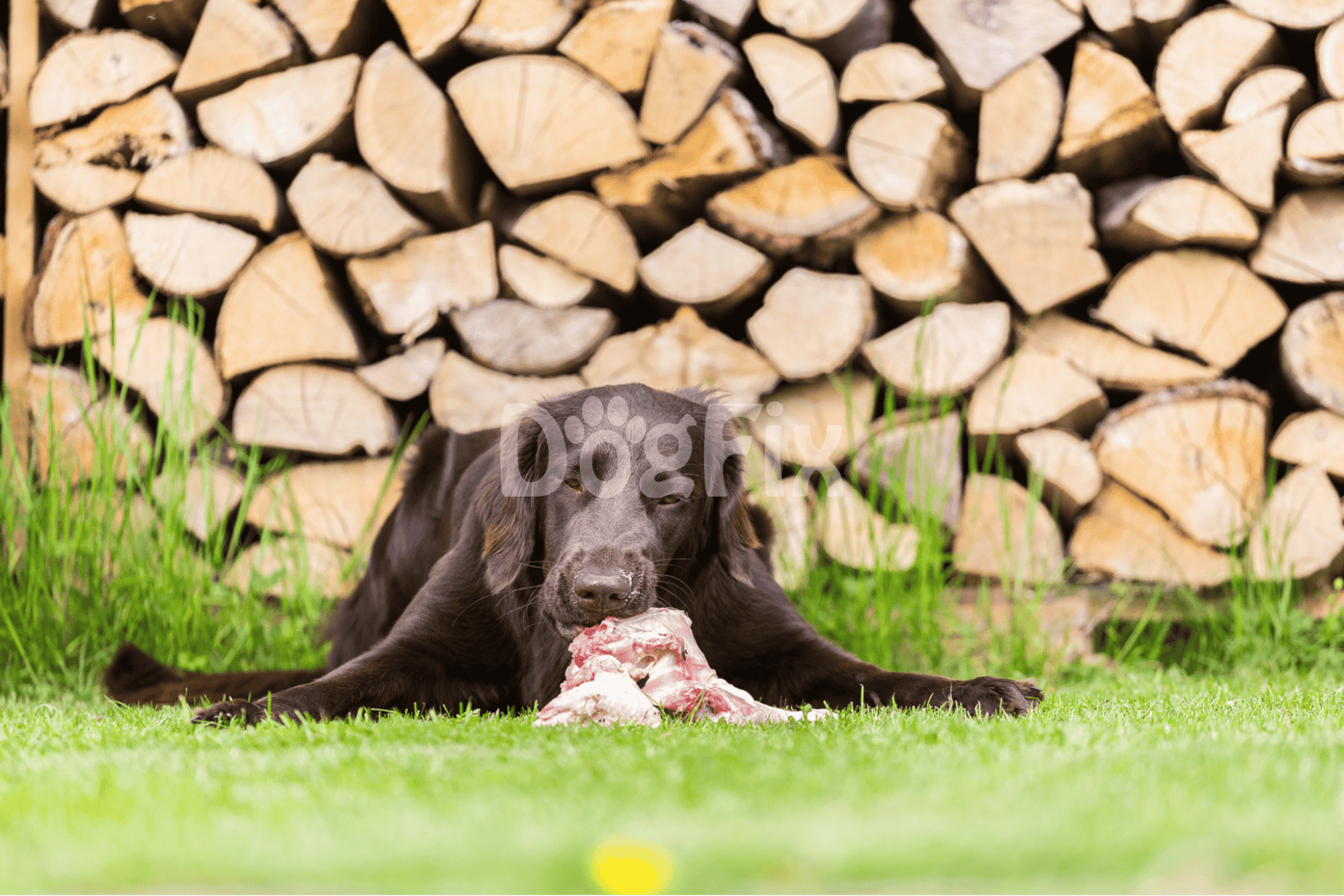 Alt text: Black retriever lying on grass eating raw meat with firewood stack background.