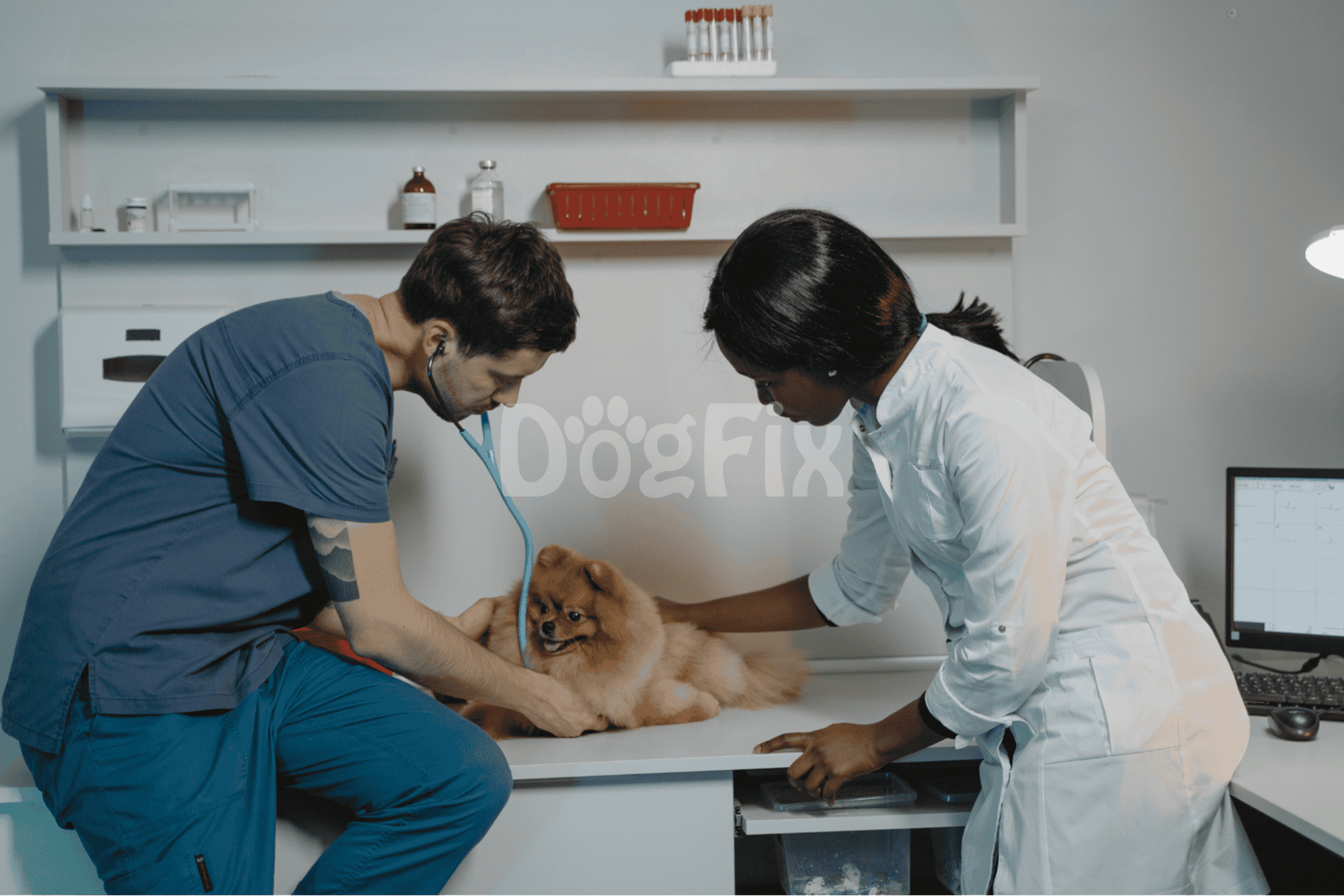 Vet examining a dog at a pet clinic.