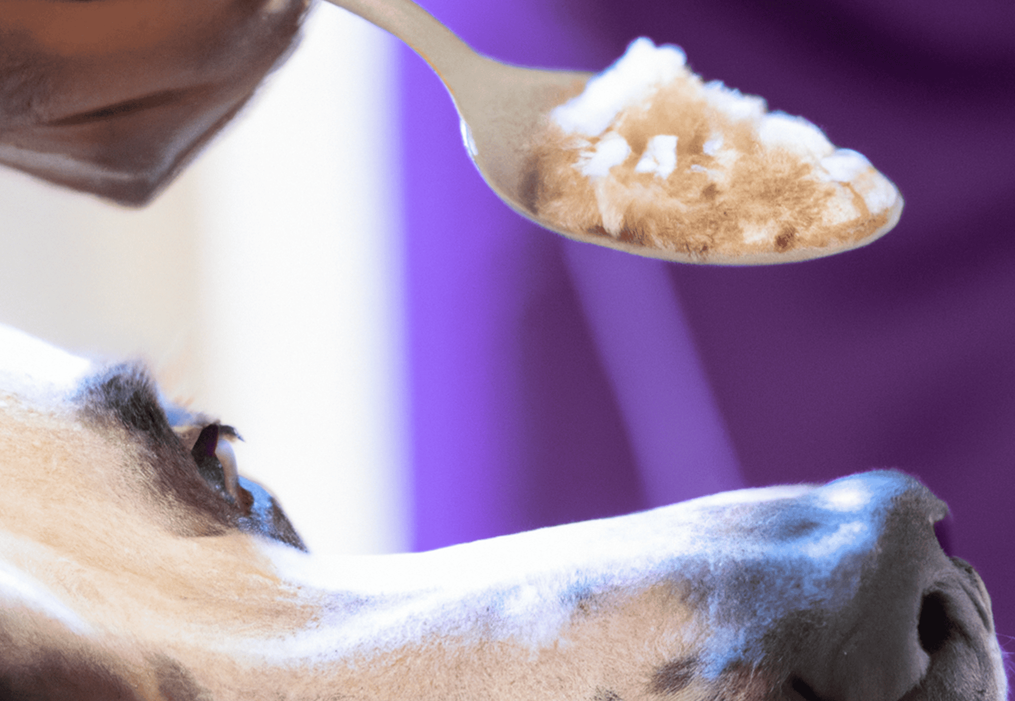 Close-up of a dog enjoying a treat with a staff spoon in the background.