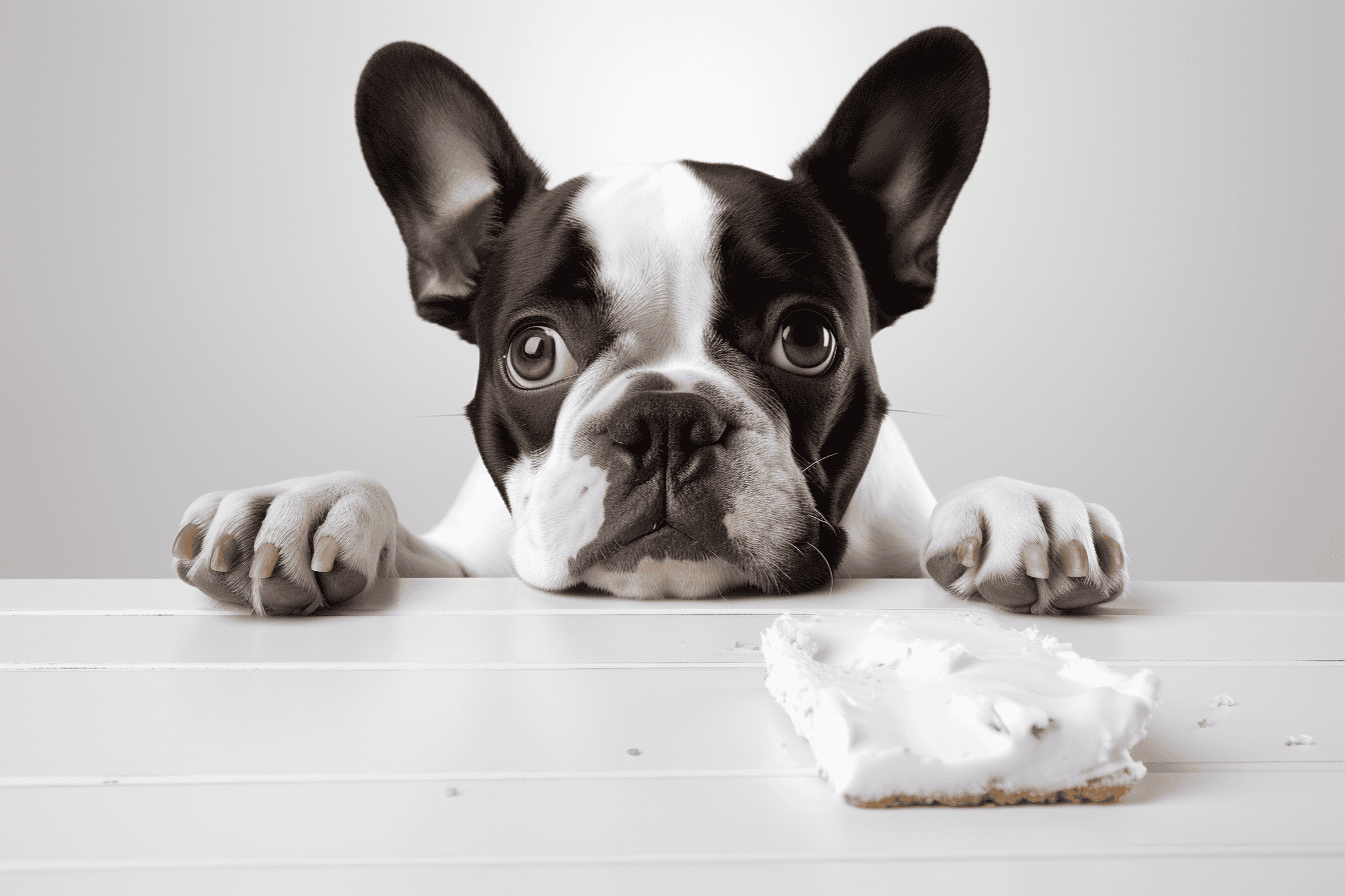 Adorable French Bulldog puppy with big ears, lying on a white table with a cake.