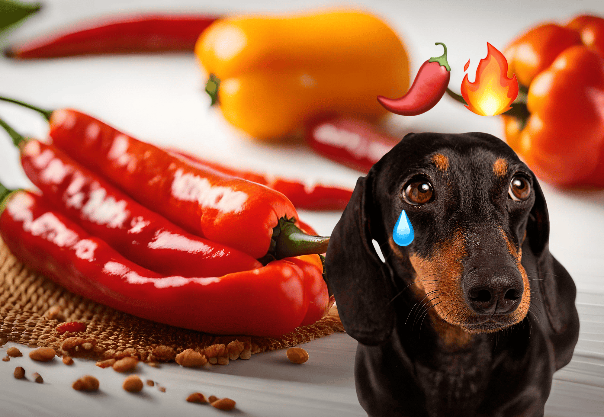 Dog with tears, hot peppers, flames, chili symbols.