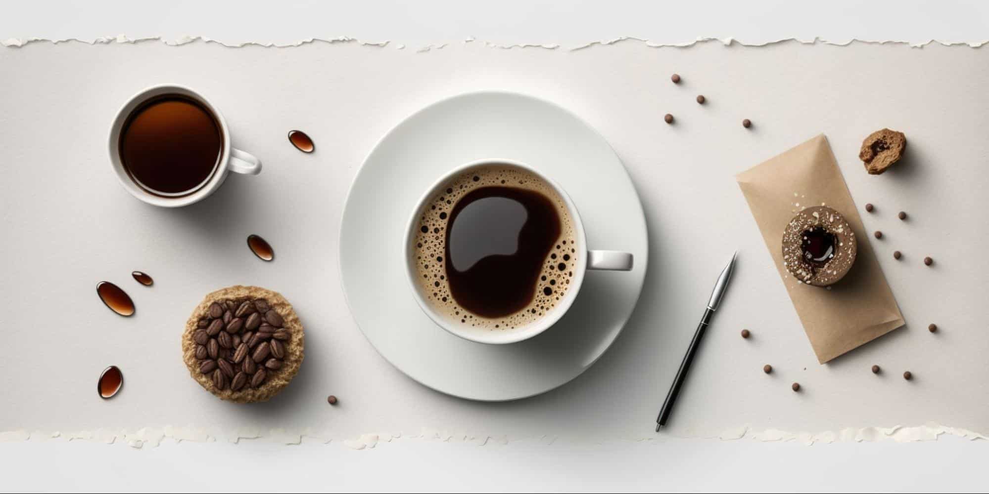 Close-up of coffee cups, cookies, and coffee beans on white table for a coffee break scene.