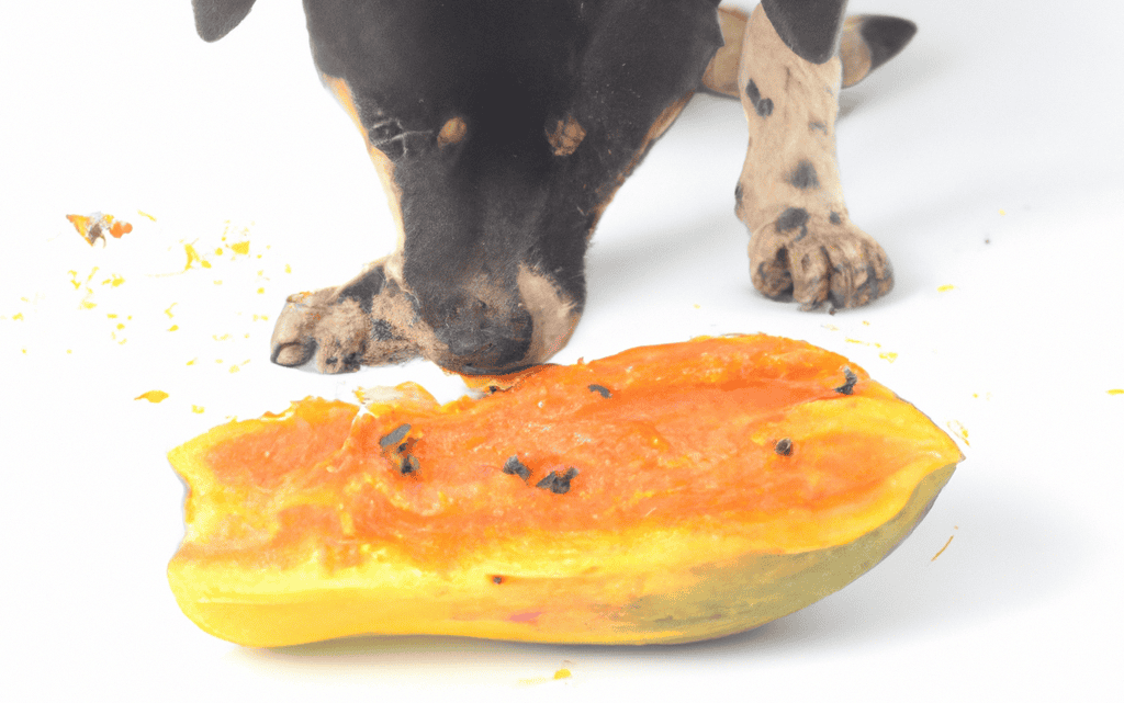 Dog licking fresh papaya, a nutritious treat for dogs' health and digestion.