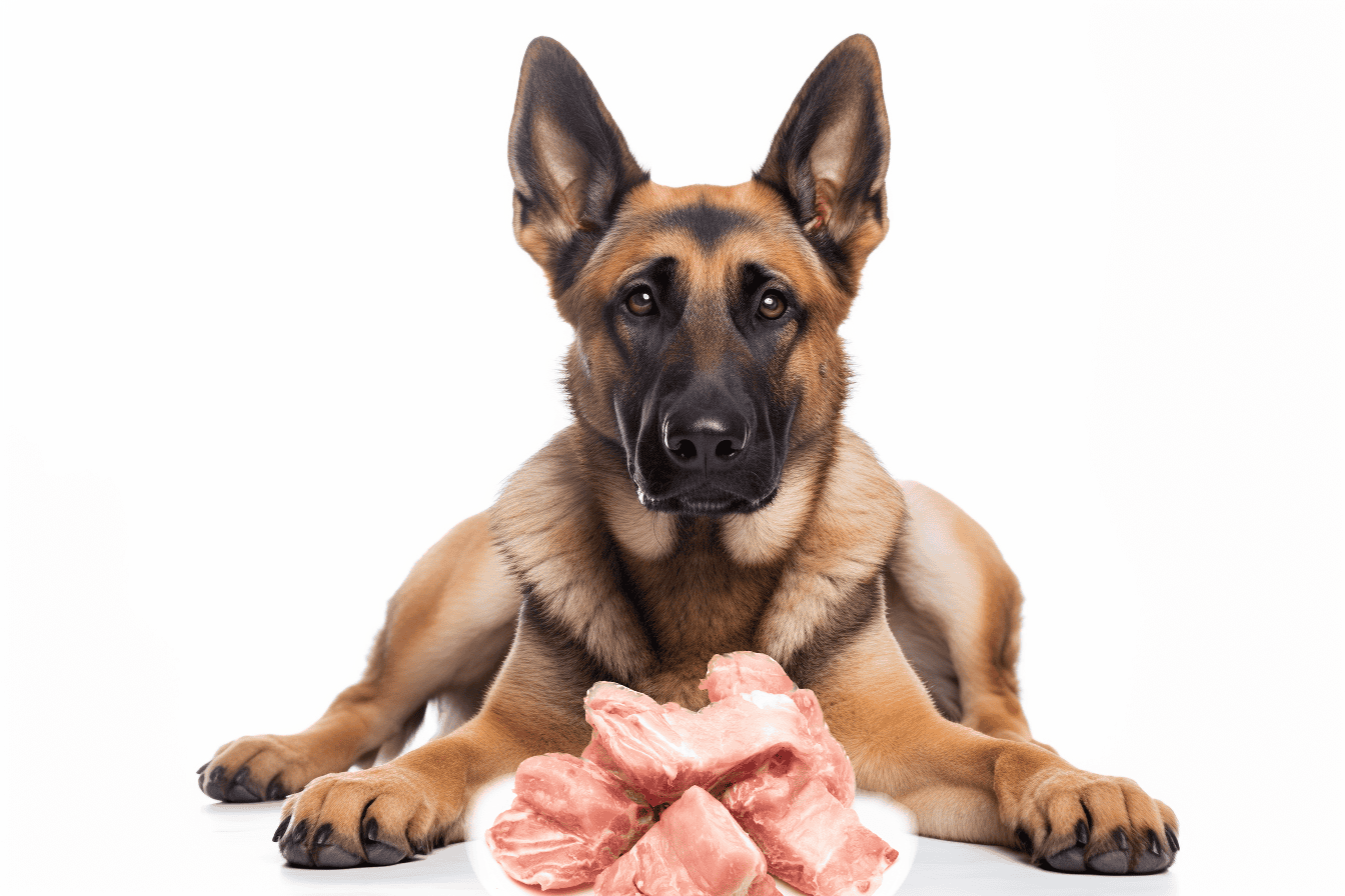 Dog eating raw meat, healthy dog food, fresh meat for dogs, pet nutrition, dog feeding tips.