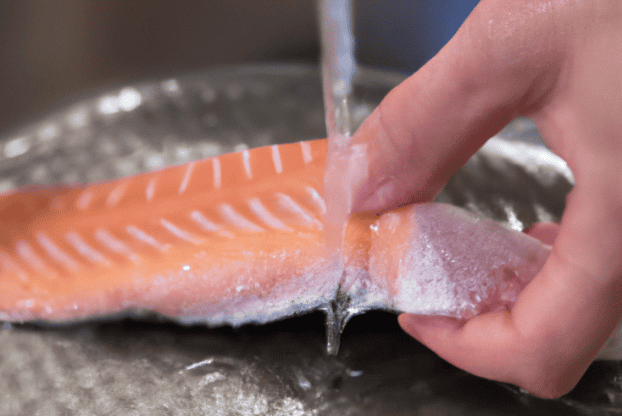 High-quality fresh salmon fillet water being rinsed, ideal for nutritious dog meals.