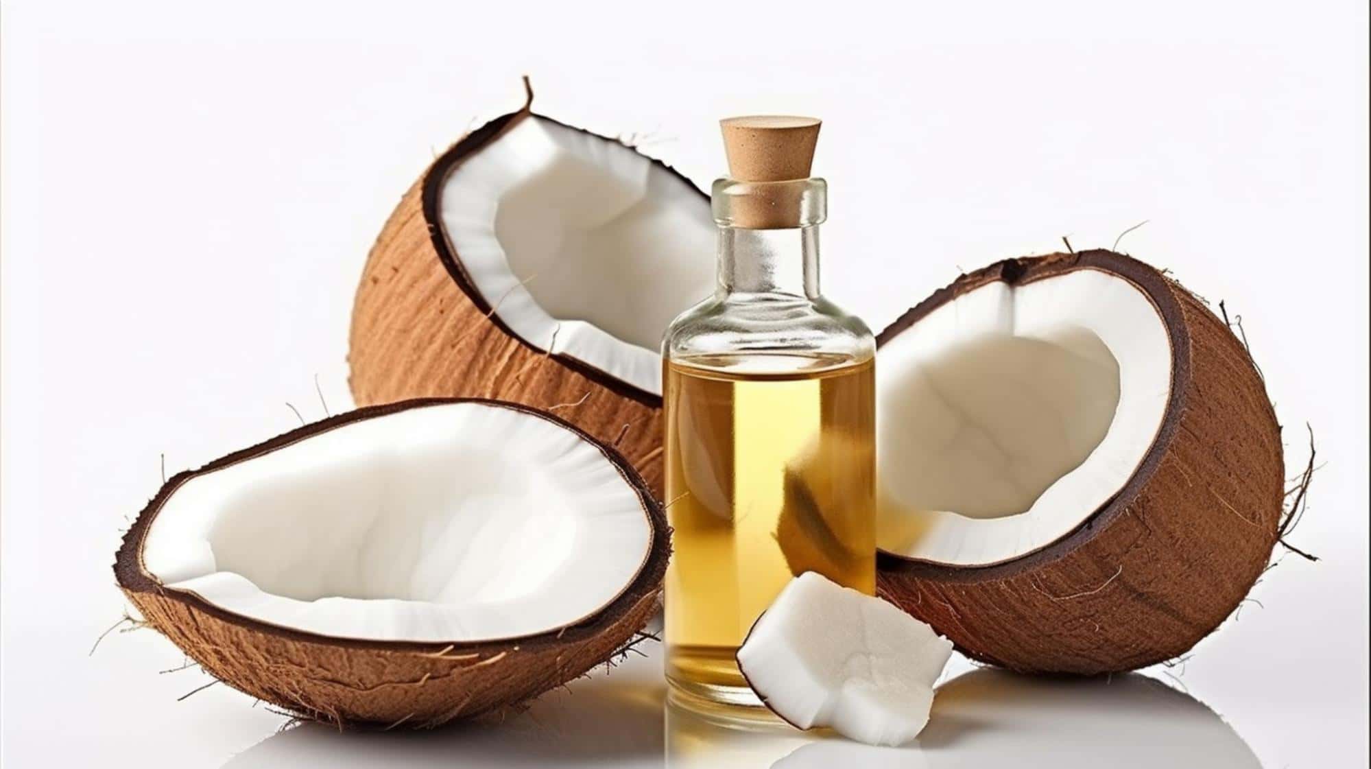 Natural coconut oil in a glass bottle with coconut halves on a white background.