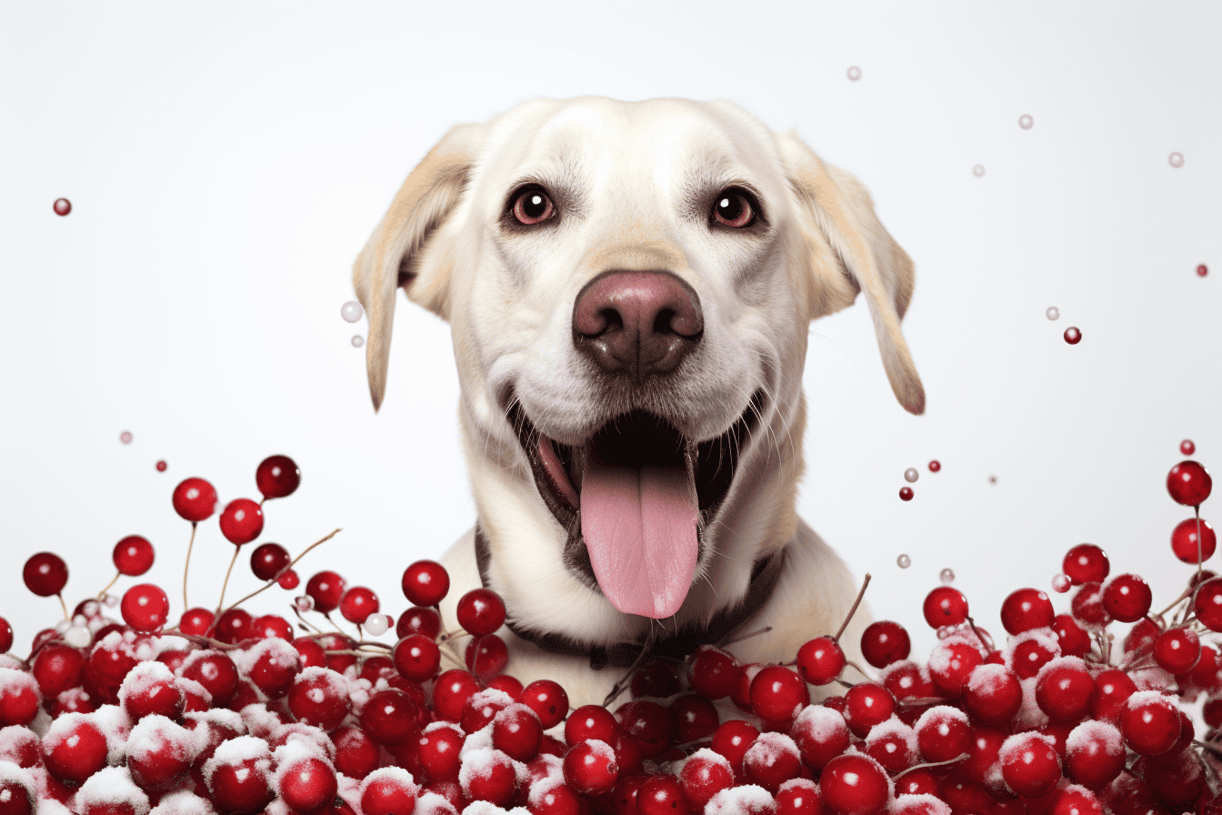 Dog with red berries and snow, smiling, joyful pet, healthy dog, joyful canine, pet happiness, dog wellness, care, love, pet safety.