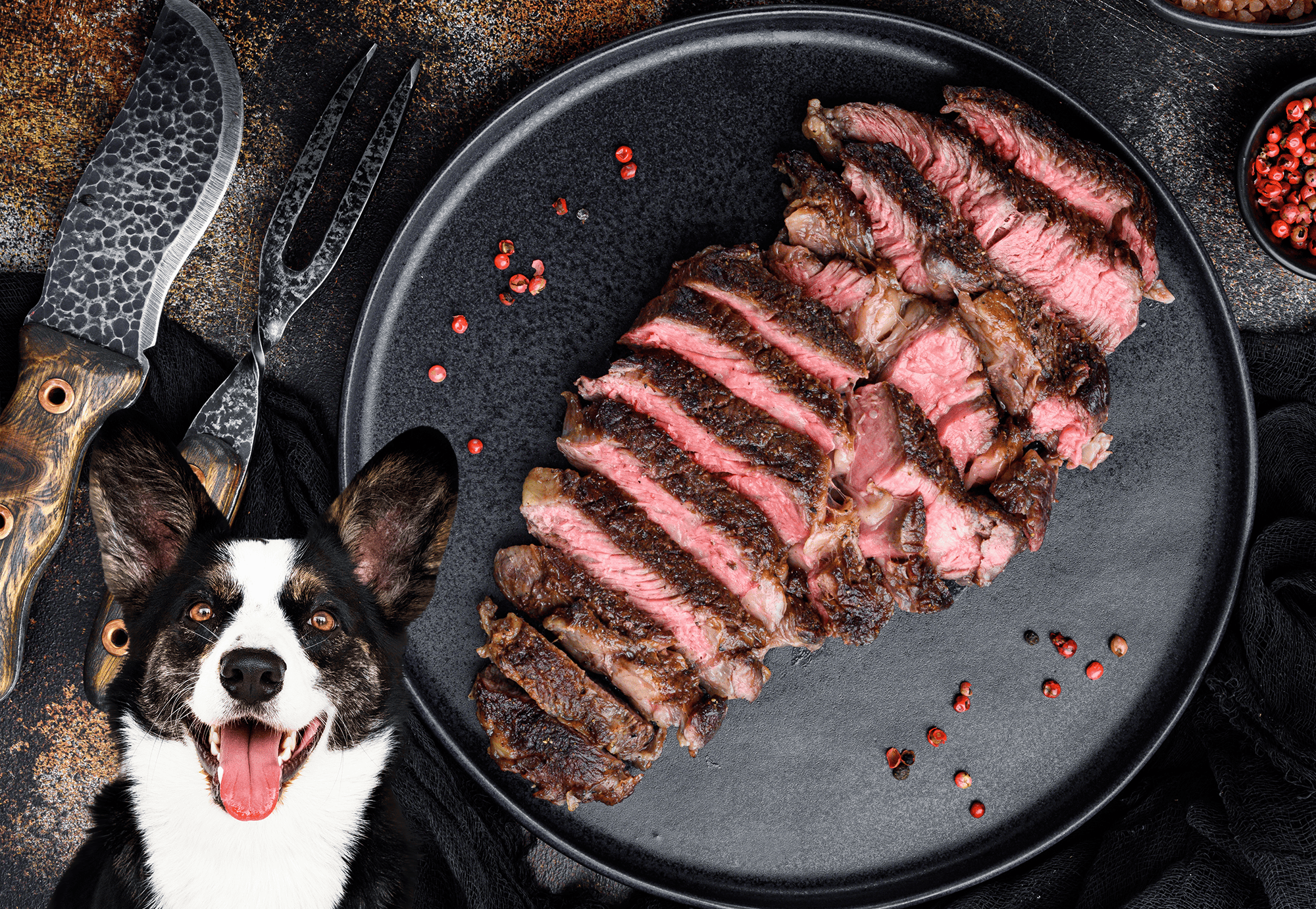 Delicious cooked steak perfect for dog treats and meals, featuring fresh meat and peppers on a black stone background.