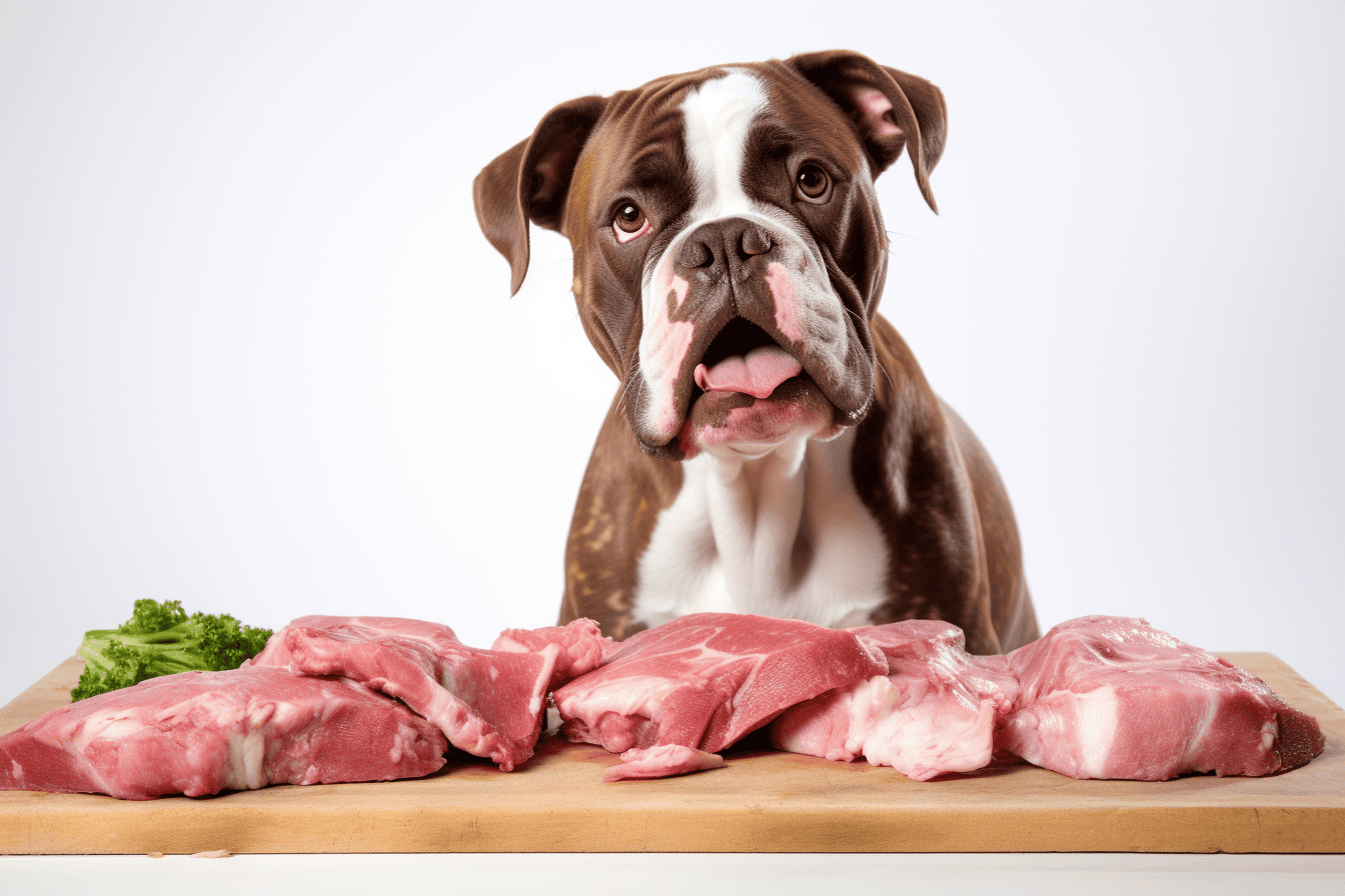 Dog with raw meat, fresh nutritious dog food, healthy pet diet ideas, high-quality meat for dogs.