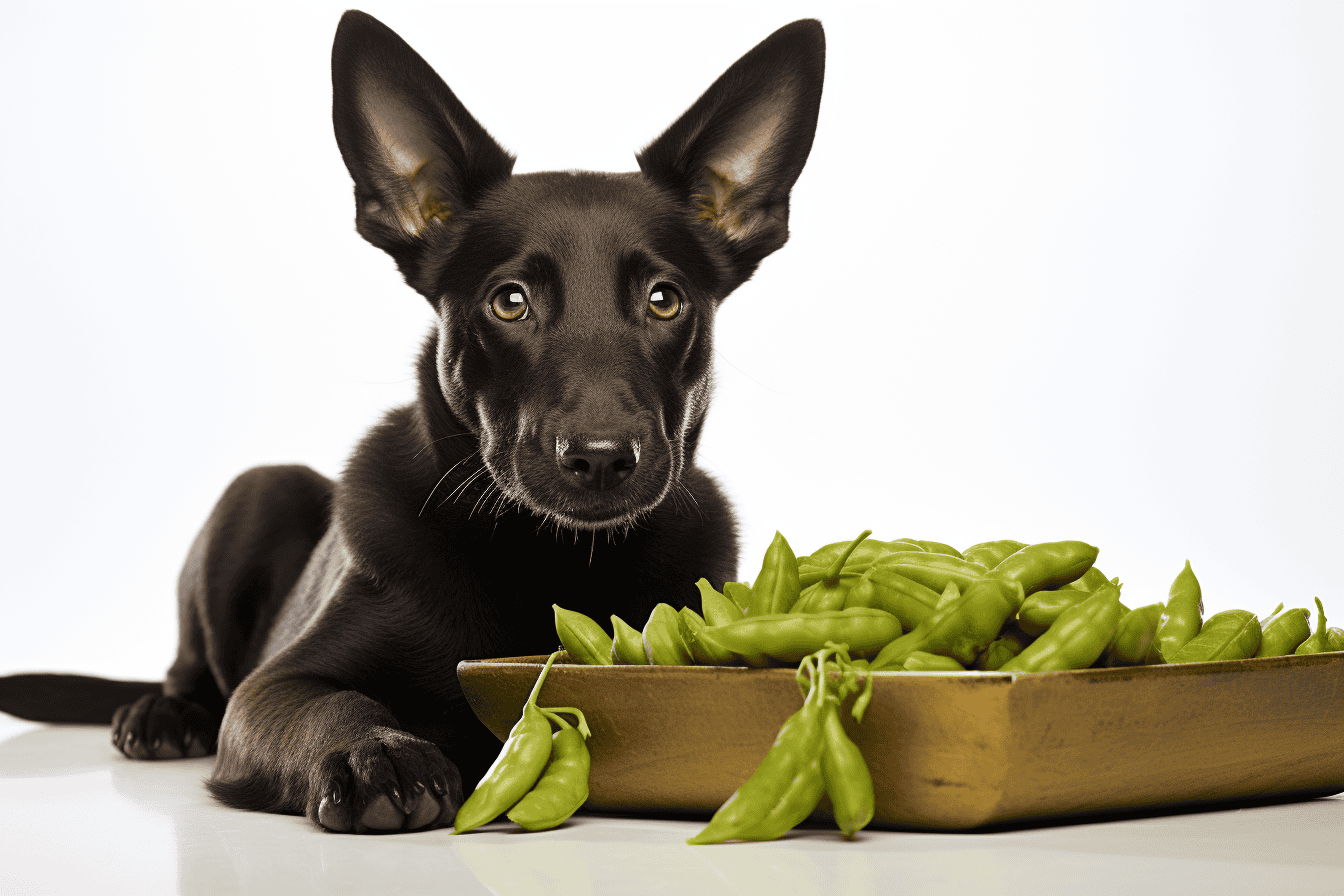 Adorable black puppy with green beans on a white background.