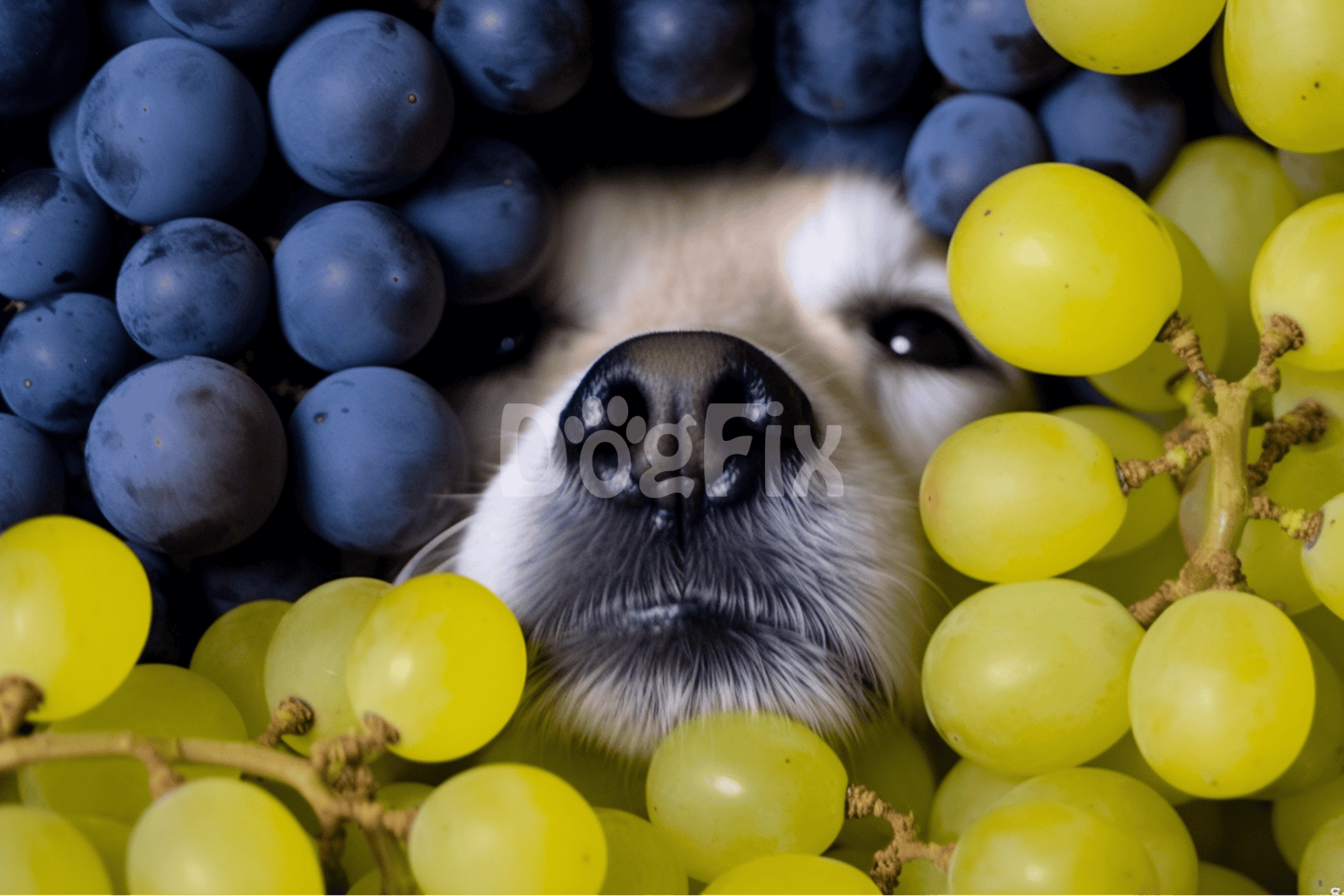 Close-up of a puppy's face with blue and green grapes surrounding it, emphasizing pet care and pet nutrition.