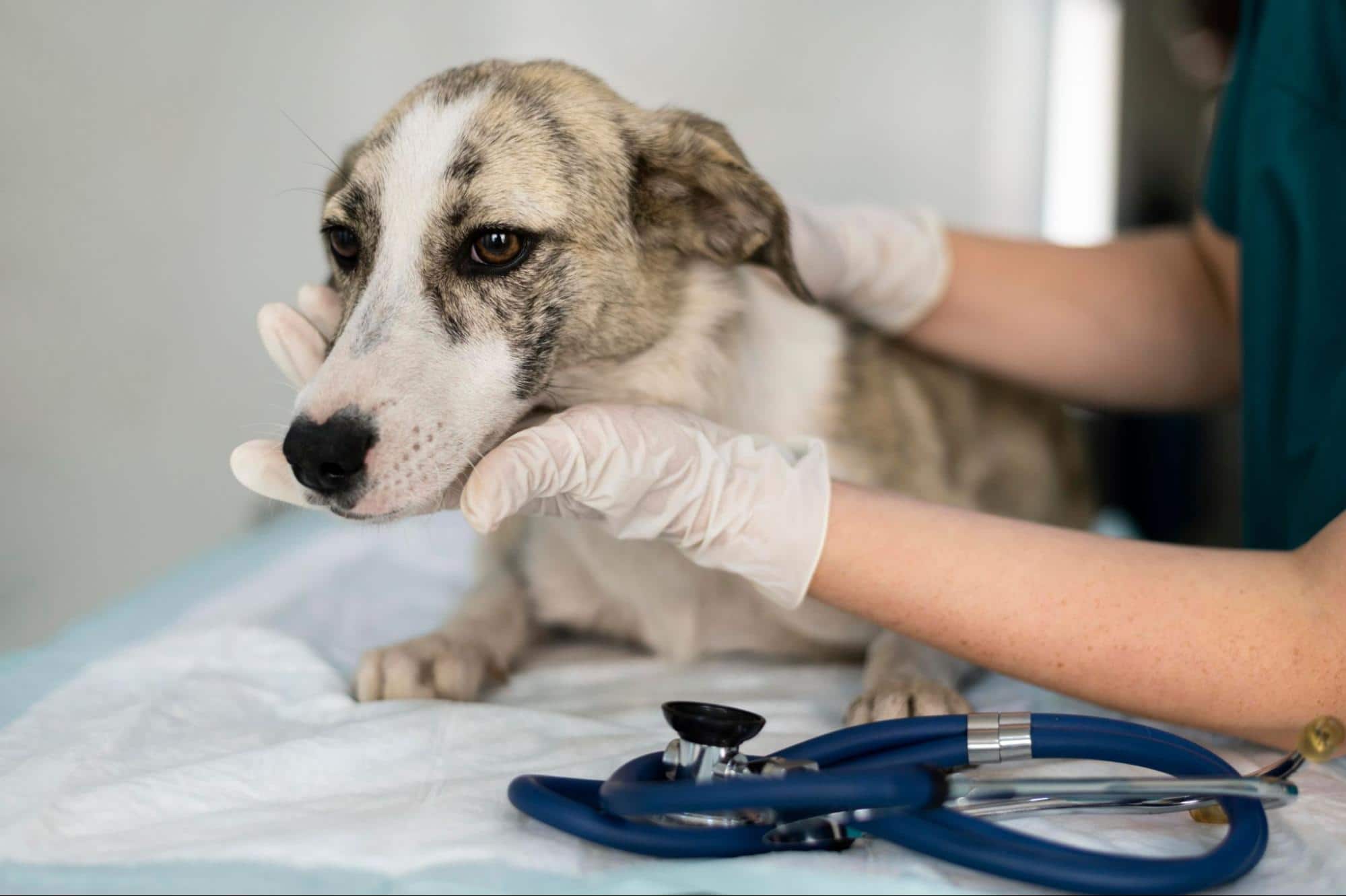 Alt text: Veterinarian examines a dog with stethoscope, emphasizing pet veterinary care.