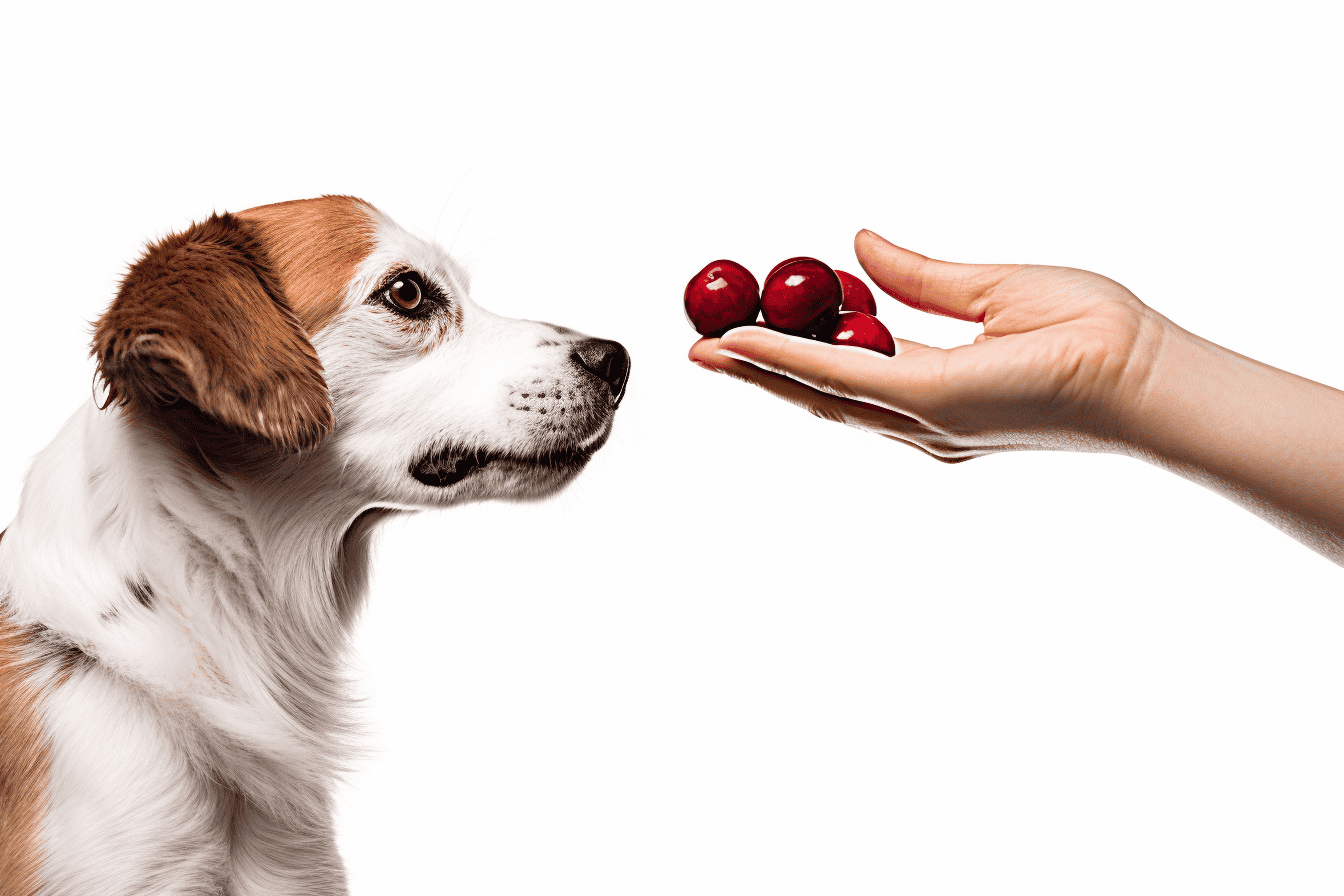 Dog sniffs red cherries held by a person's hand. Focus on dog’s curious expression and fresh fruit.