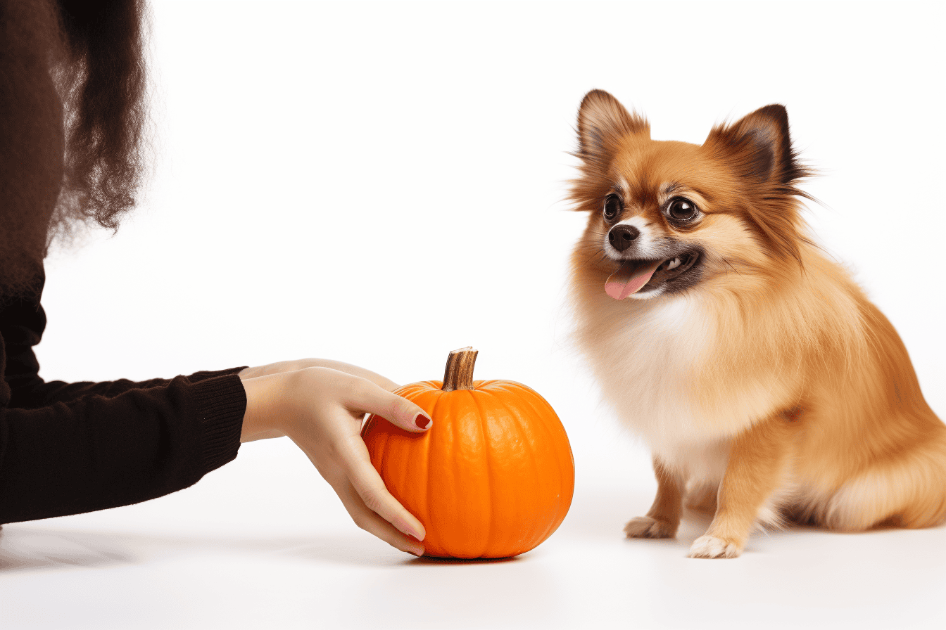 Cute dog with tongue out looking at pumpkin.