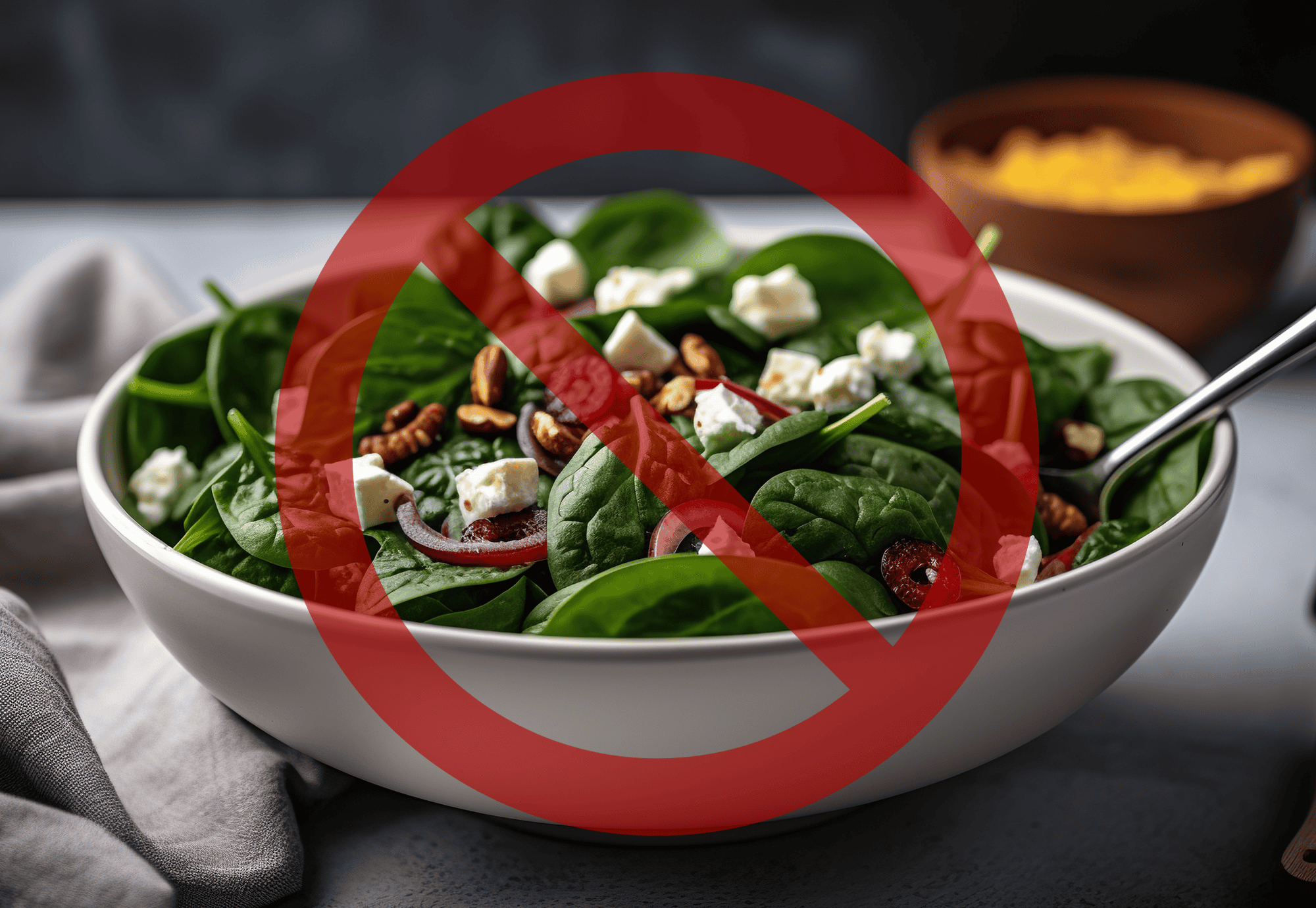 Healthy spinach salad with cheese, nuts, and vegetables, not suitable for dogs.