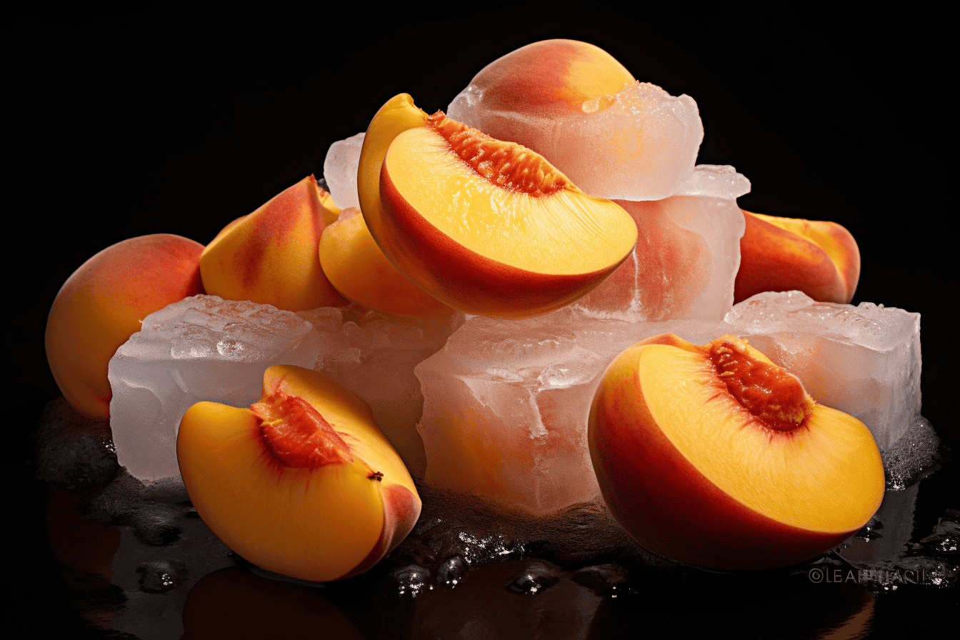 Ice cubes with peach slices on a dark background for refreshing summer treat. Perfect addition to drinks or desserts.