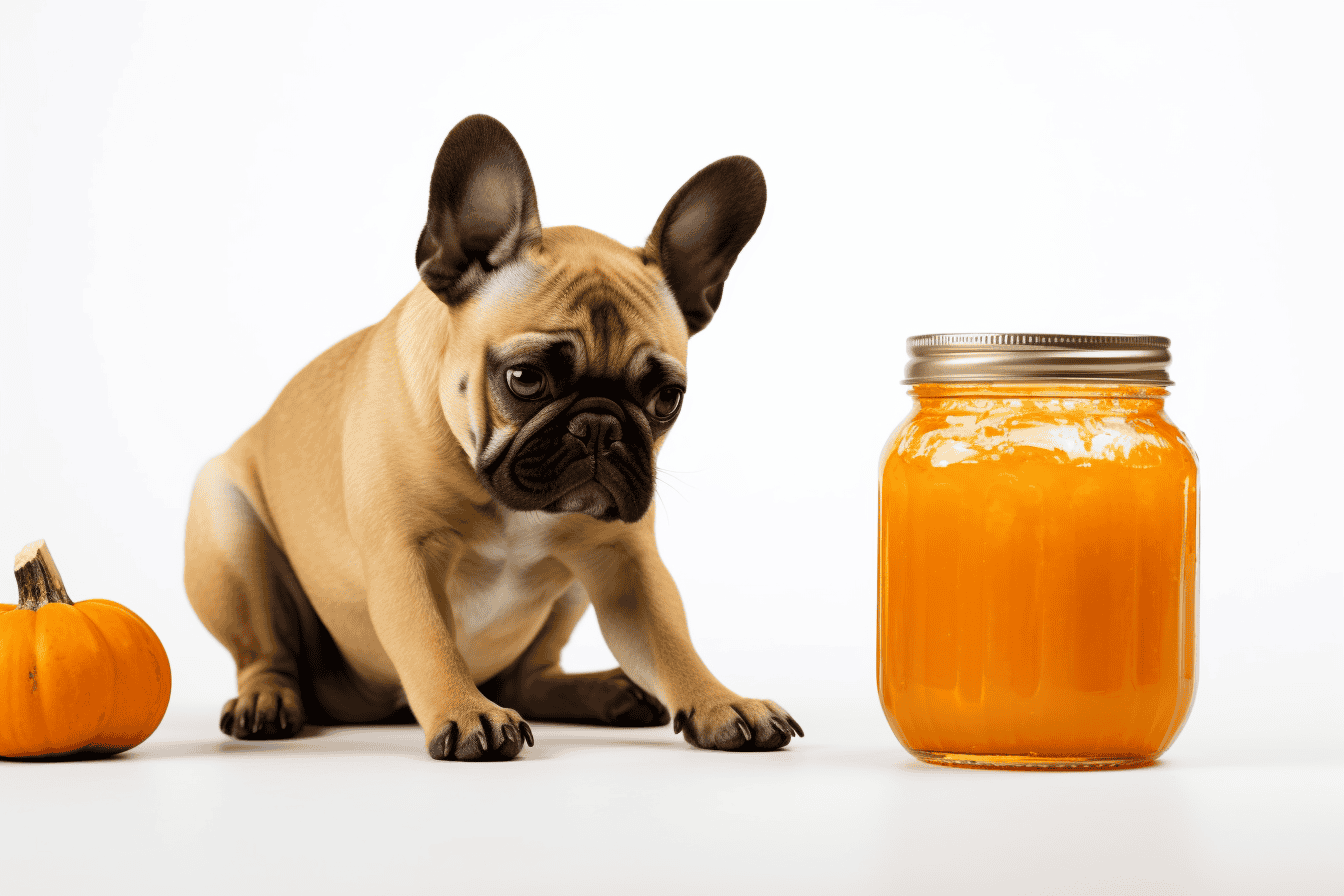 Adorable French Bulldog puppy with pumpkin and pumpkin puree on white background.