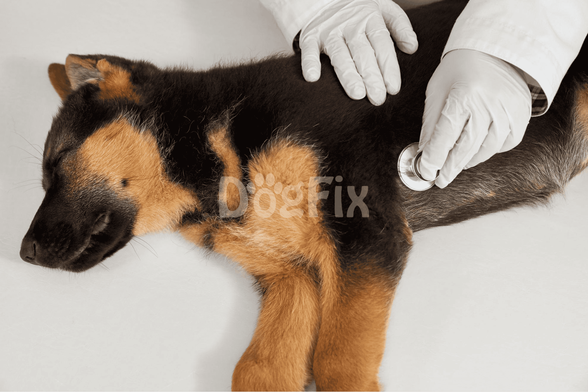 Dog getting a veterinary checkup with a stethoscope and veterinarian hands examining its health.