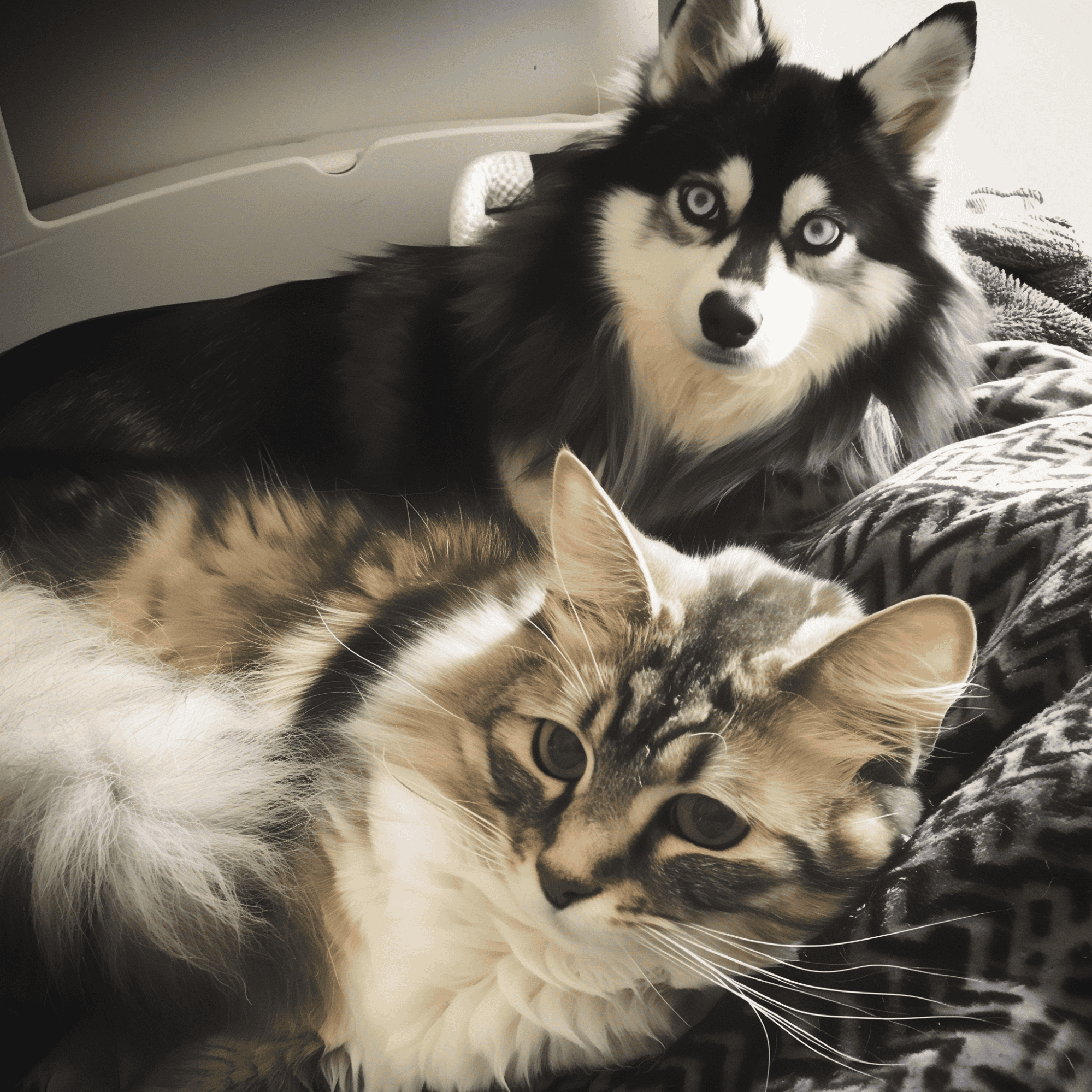 Husky dog and fluffy tabby cat resting peacefully on a bed, showcasing pet companionship and comfort.