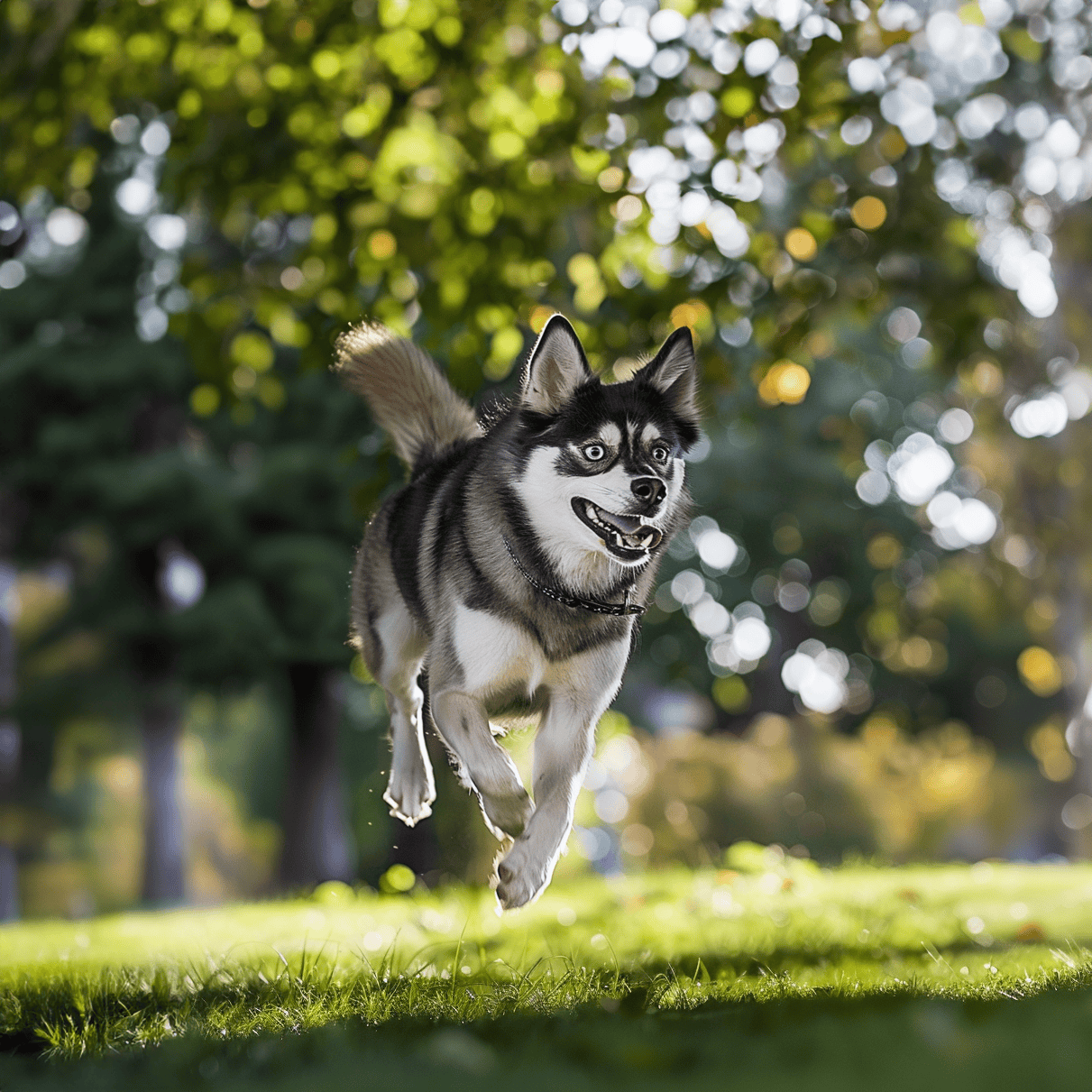 Energetic Siberian Husky running and playing outside in a lush park setting.