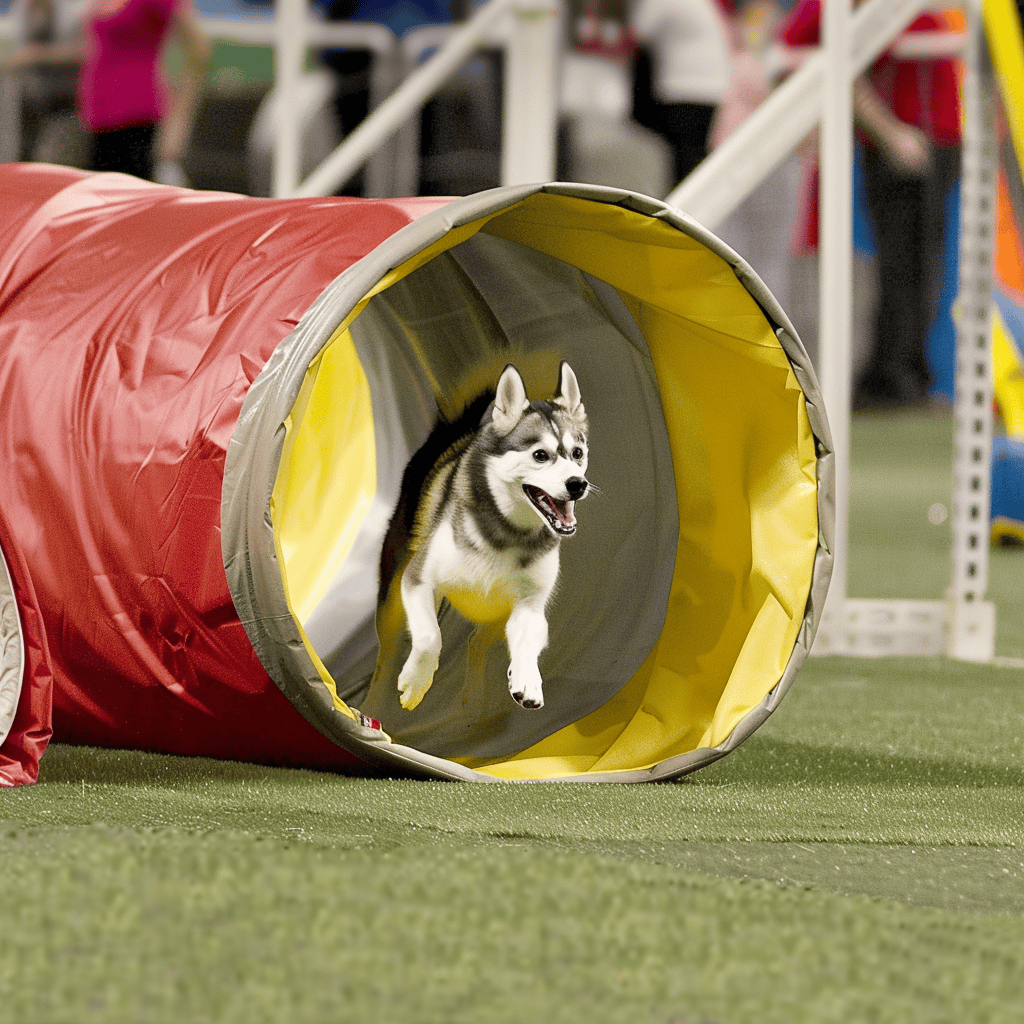 Husky running through agility tunnel at dog sports event.