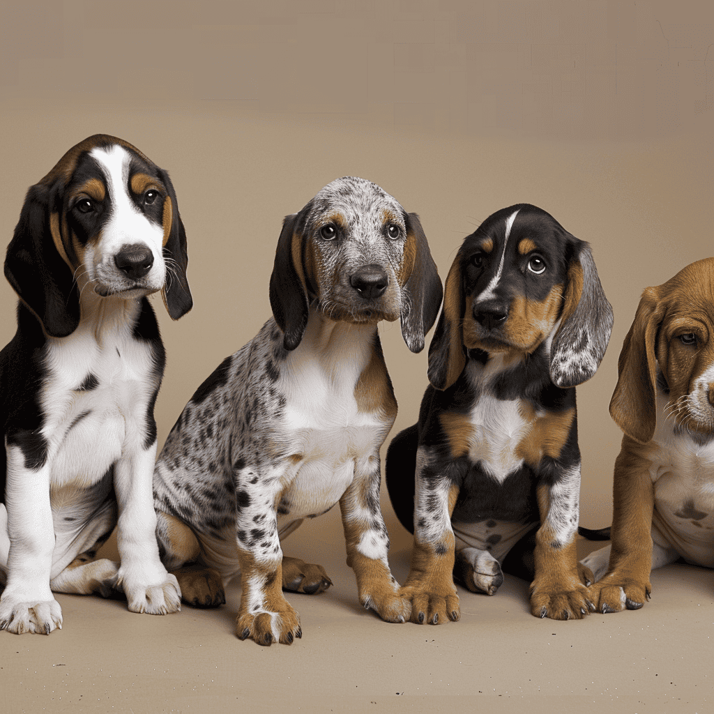 Adorable puppy animals sitting on beige background for pet adoption promotion.