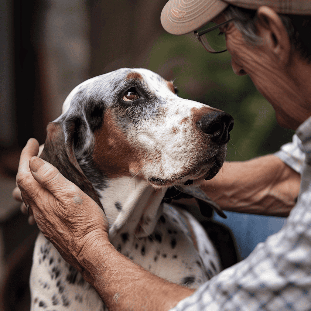 Close-up of an elderly man gently holding and caring for his Dalmatian dog, emphasizing pet health and companionship.