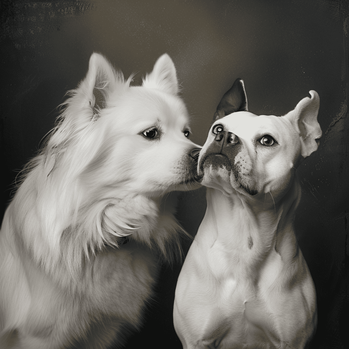 Adorable dogs sharing a tender moment, showcasing their bond and connection. Perfect for pet care and pet bonding topics.